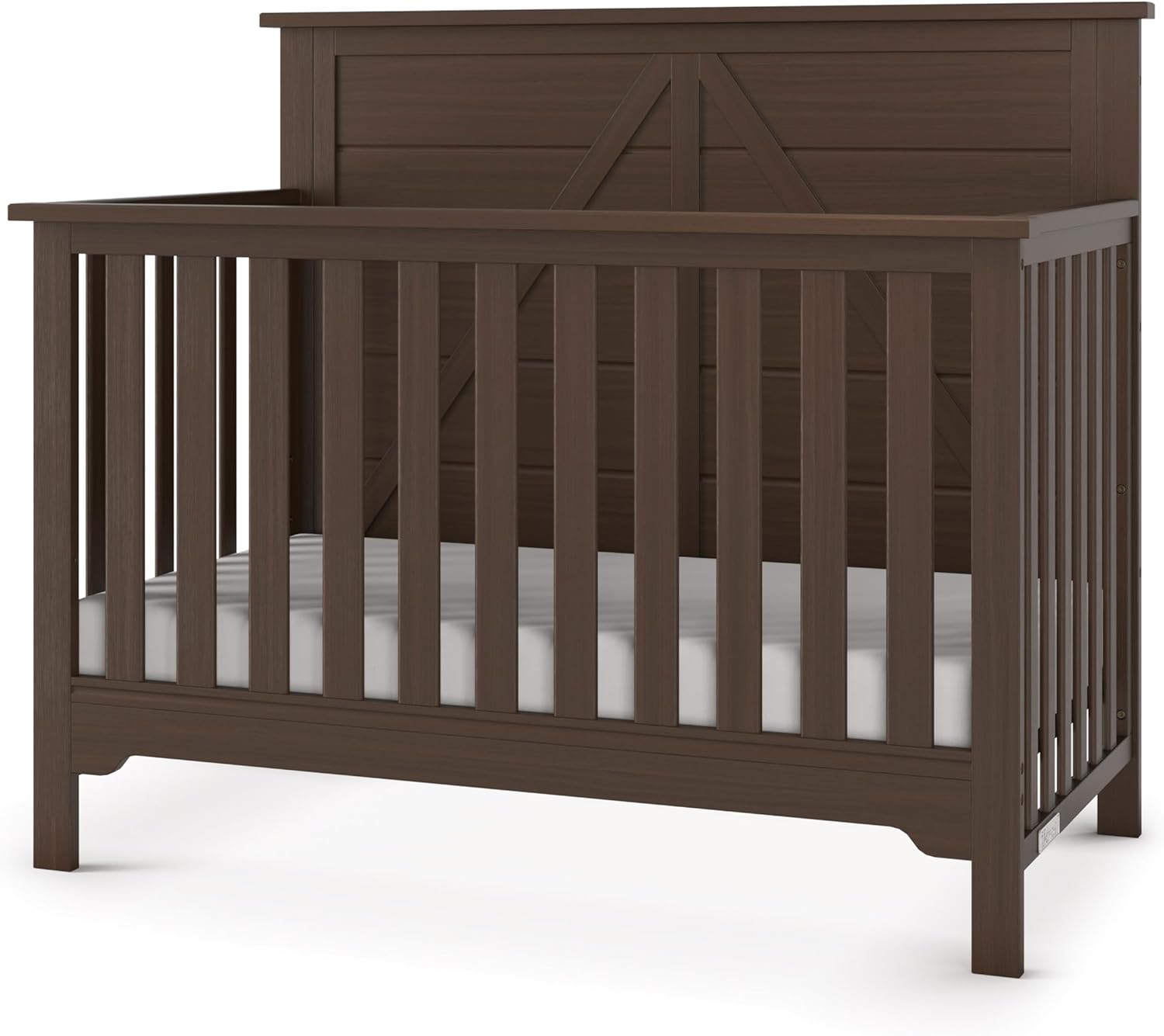 Child Craft Woodland Design 4-in-1 Convertible Baby Crib Nursery Furniture – Baby Bed, Toddler Bed and Full Size Bed, 3 Adjustable Mattress Positions, Real Wood, Baby Safe Finish (Brushed Truffle)