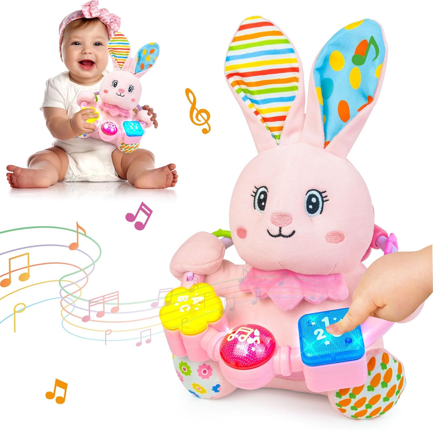 Ryotagift Baby Bilingual Musical Rabbit Stuffed Animals Toys,Infant Early Learning Toy with Light-Up Music & Crinkle,Tummy Time Toys for 0 3 6 9 12+ Months for Baby Boy Girl Easter Gift,Pink