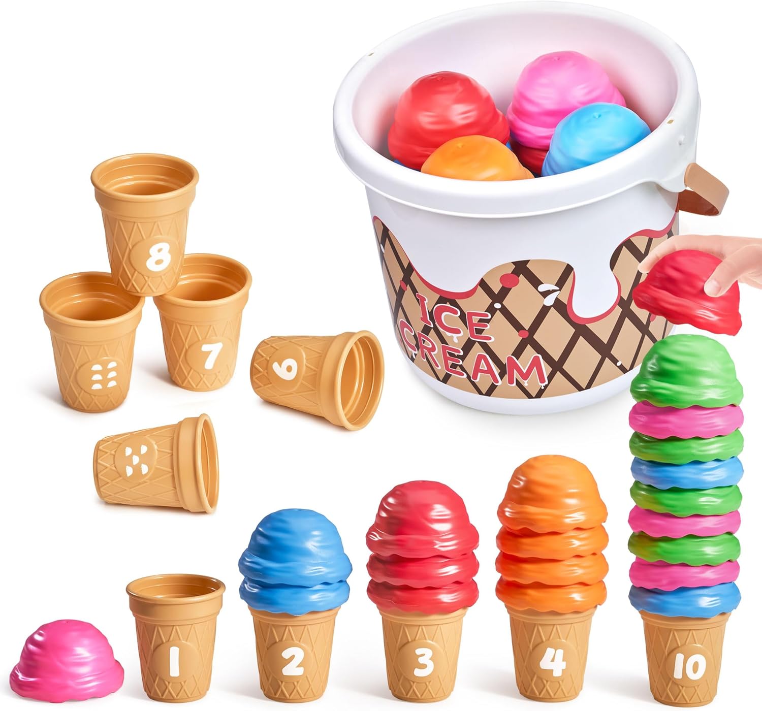 JoyCat Ice Cream Preschool Learning Activities Counting and Color Sorting Set Stacking Toys for Kids 1-5, Educational Fine Motor Skills Toys, 30PCS Math Manipulatives