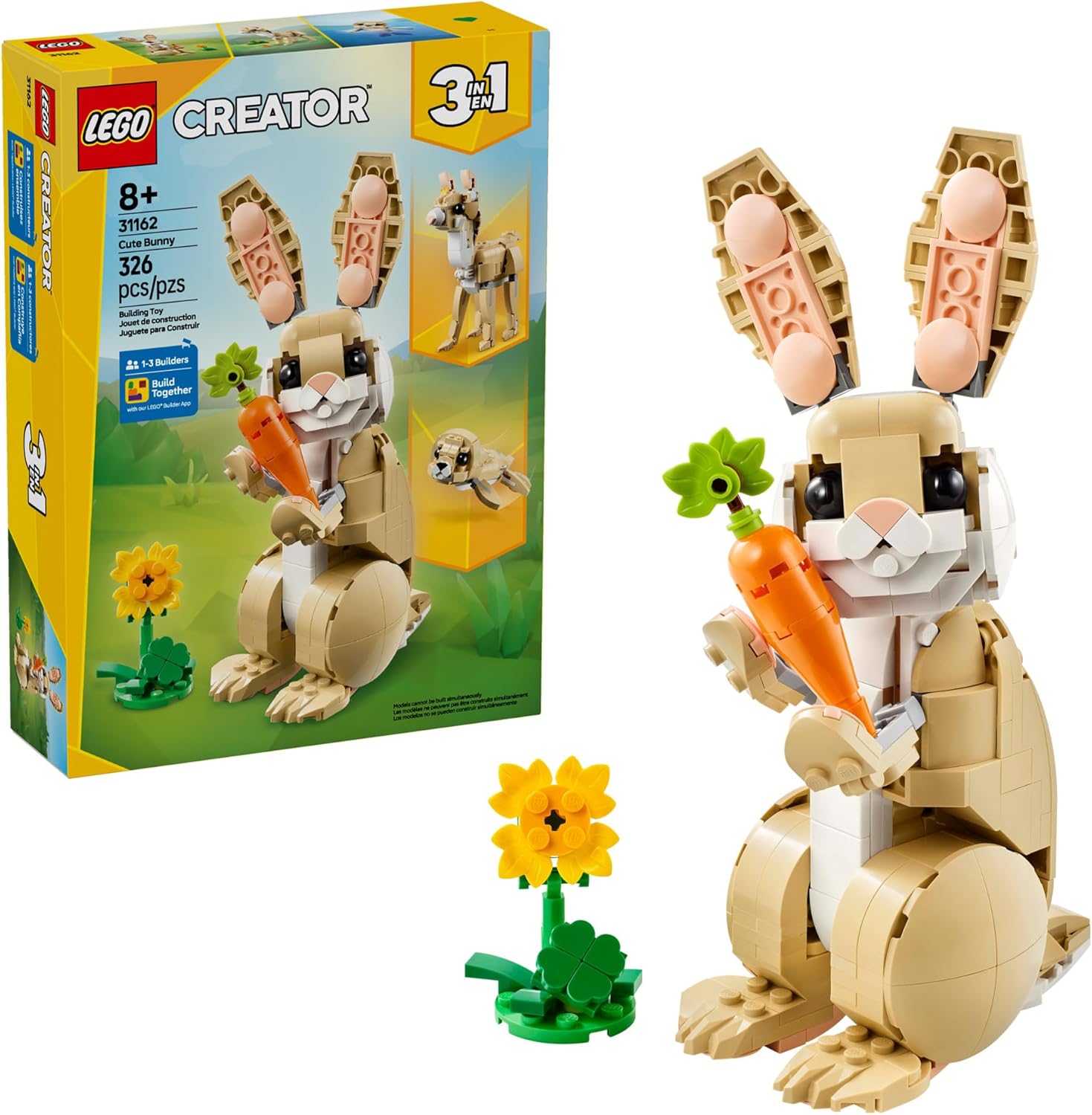 LEGO Creator 3 in 1 Cute Bunny Toy – Building Toy Set with 3 Build Options, Bunny, Seal, or Llama – Animal Figures for Kids, Girls and Boys, Ages 8+ – Gift Idea for Birthdays – 31162