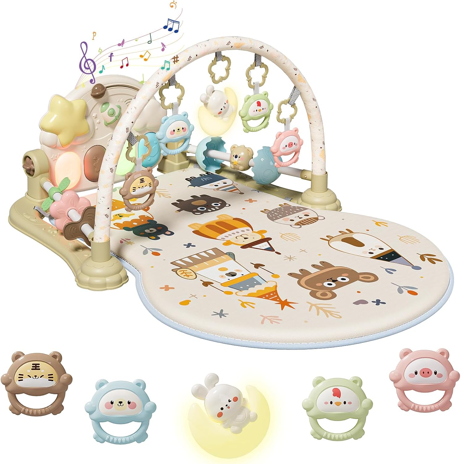 Baby Play Gym Mat – Funny Play Piano Activity Playmat with 5 Infant Learning Detachable Toys for Sensory Development, Music and Lights Tummy Time Mat Newborns Gifts for 0-12 Months