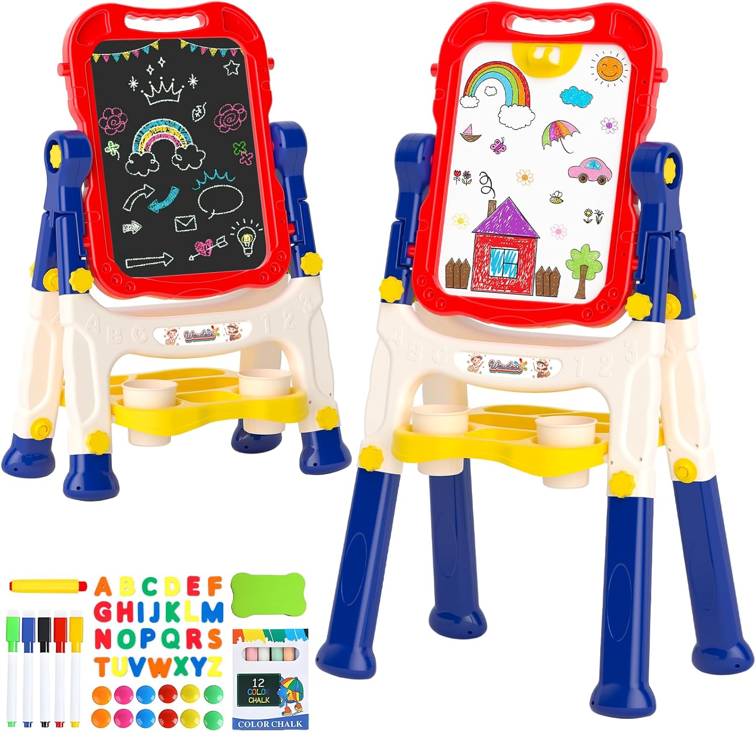 Chalk Board Easel for Kids Toys,Double-Sided Magnetic Kids Chalkboard and Dry Erase Boards,Toddler Toys for 3 Year Old Boy Gift,Art Easel Learning Educational Toy for 3 4 5 Years Old Boys Gift