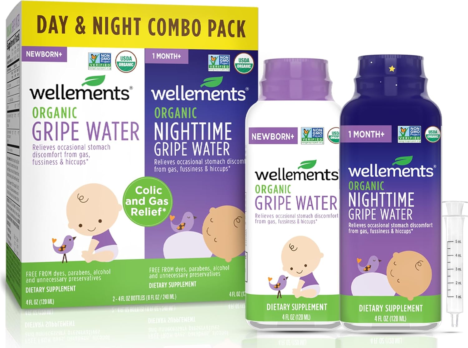 Wellements Organic Gripe Water for Babies Day & Night Combo Pack (4 Fl Oz) – Infant Gripe Water Newborn Calms Occasional Stomach Discomfort from Baby Gas, Colic, Hiccups & Fussiness – USDA Certified