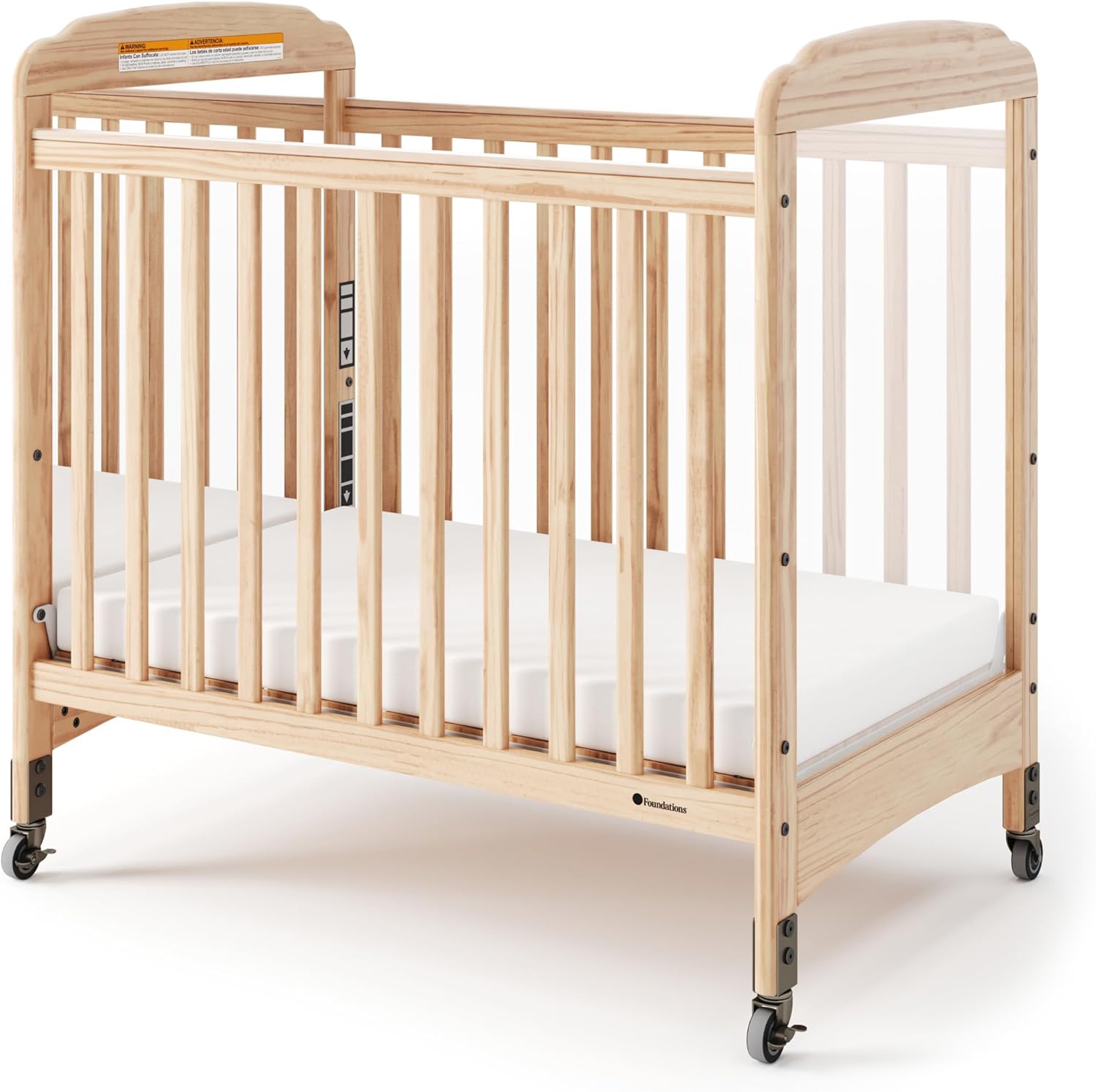 Foundations Serenity Compact Mirrorview Daycare Crib, Fixed Side, Features Mirrorview End Panels and Slatted Side Panels, Durable Wood Construction, Includes 3” InfaPure Foam Mattress (Natural)