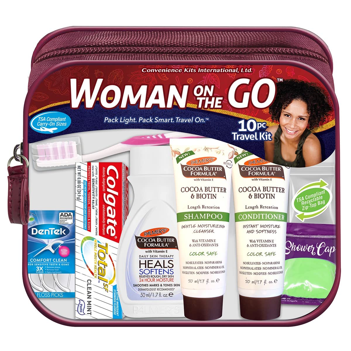 Convenience Kits International Women’s Multicultural 10 PC Grooming/Hygiene Travel Kit Featuring: Palmer’s Travel-Size Hair & Body Products, Beige, (23AZ)