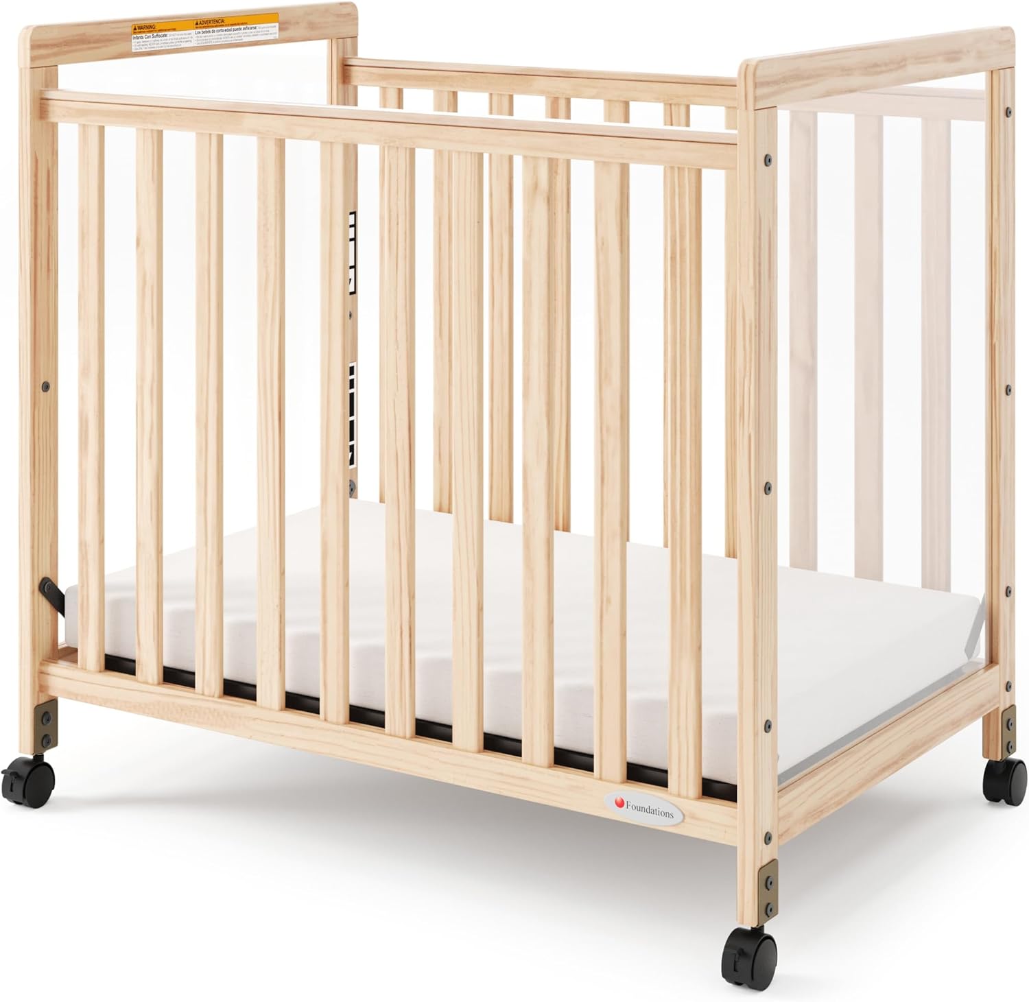 Foundations SafetyCraft Clearview Compact Daycare Crib, Durable Wood Construction, Non-Marking Casters (2 Locking), Includes 3” InfaPure Foam Mattress, Natural