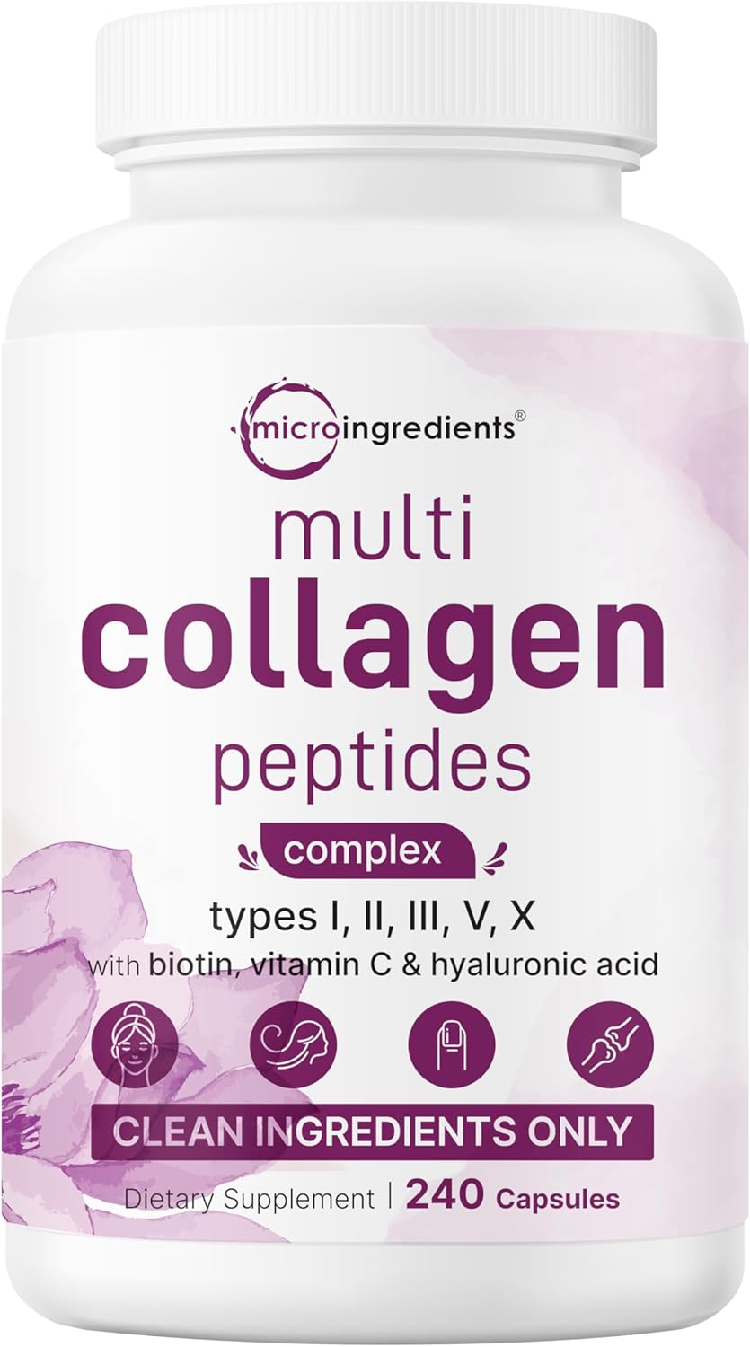 Micro Ingredients Multi Collagen Pills for Women & Men, 240 Capsules | Type I, II, III, V, X | Hydrolyzed Peptides with Biotin, Hyaluronic Acid, & Fat Soluble Vitamin C Complex | Non-GMO, Filler Free