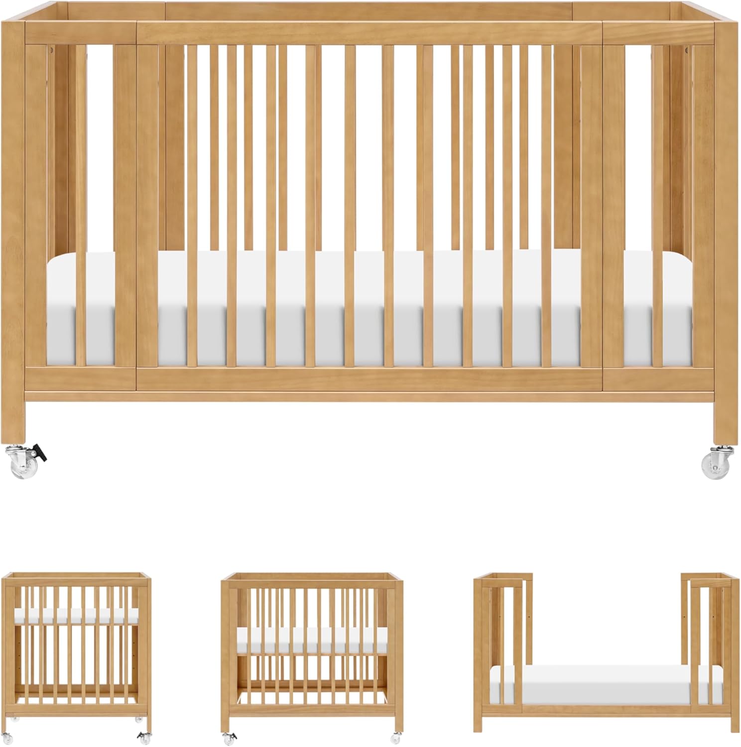 Babyletto Rolli 9-in-1 Convertible All-Stages® Bassinet to Full-Size Crib in Honey, Greenguard Gold Certified, Portable & Adjustable with Select Conversion kit and Pads Included
