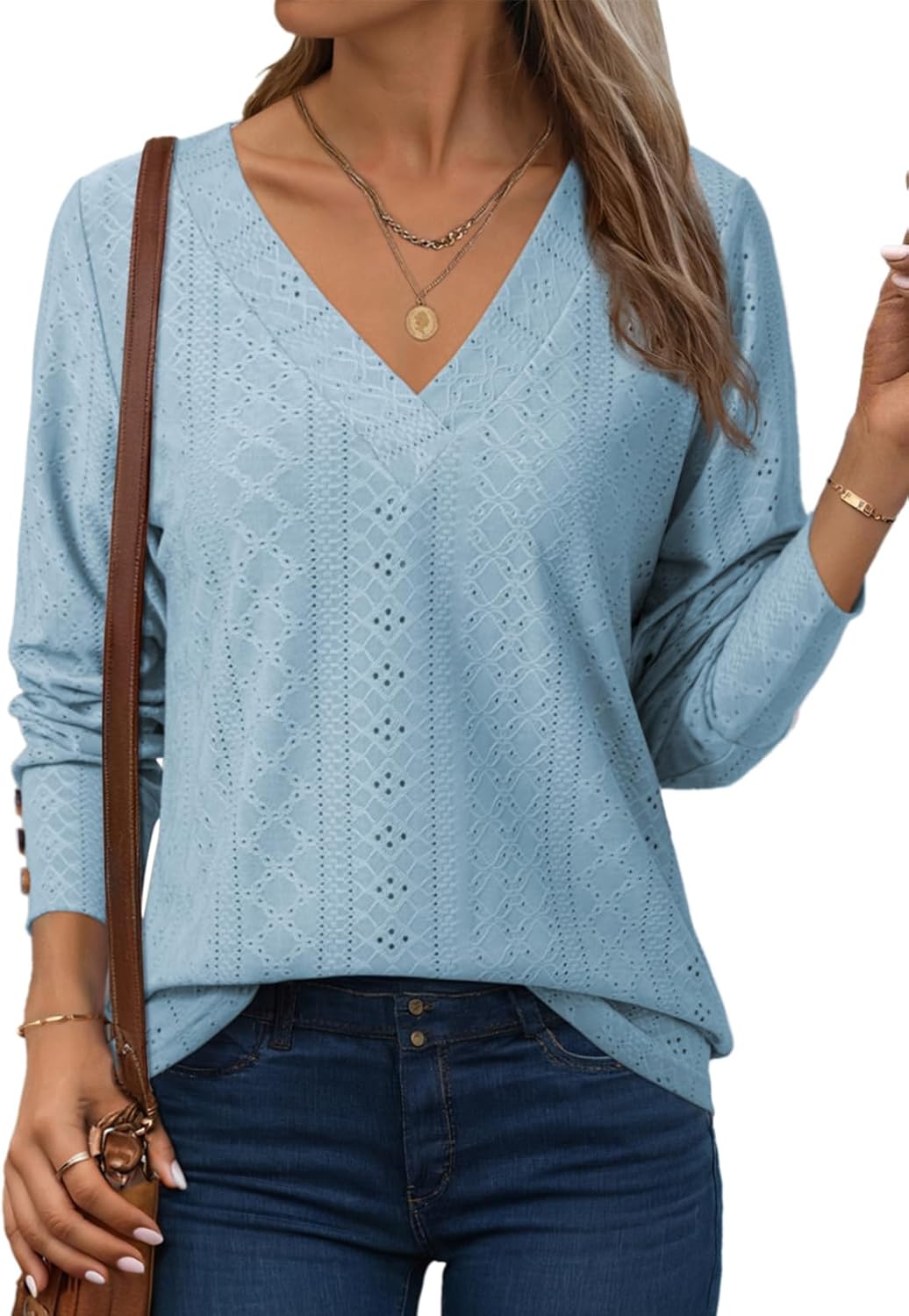 Dokotoo Spring Tops for Women 2026 V Neck Blouses Dressy Casual Eyelet Embroidered Tops Long Sleeve Shirts