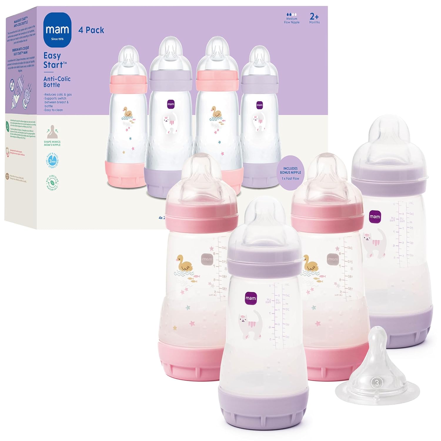 MAM 9oz Easy Start Anti-Colic Wide Neck Baby Bottle, Medium Flow Breastfeeding-Like Nipple, Reduces Colic Gas & Reflux, Easy to Clean, BPA Free, 2+ Months, Bonus Fast Flow Nipple, 4 Pack