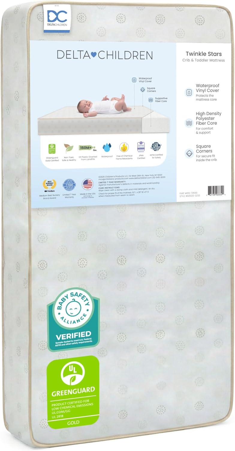 Delta Children Twinkle Stars Dual Sided – 6″ Premium Sustainably Sourced Fiber Core Crib and Toddler Mattress – Waterproof – GREENGUARD Gold Certified – 7 Year Warranty – Made in USA