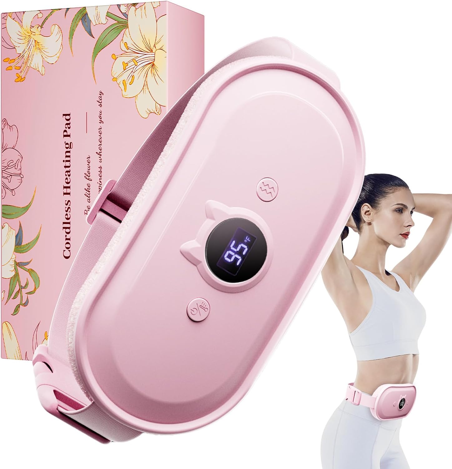Portable Heating Pad for Period Cramps Relief Vibrating Menstrual Heating Belt for Women, Fast Heat with 7 Heat Levels and 7 Modes for Menstrual, Pain Relief for Back & Stomach – Pink