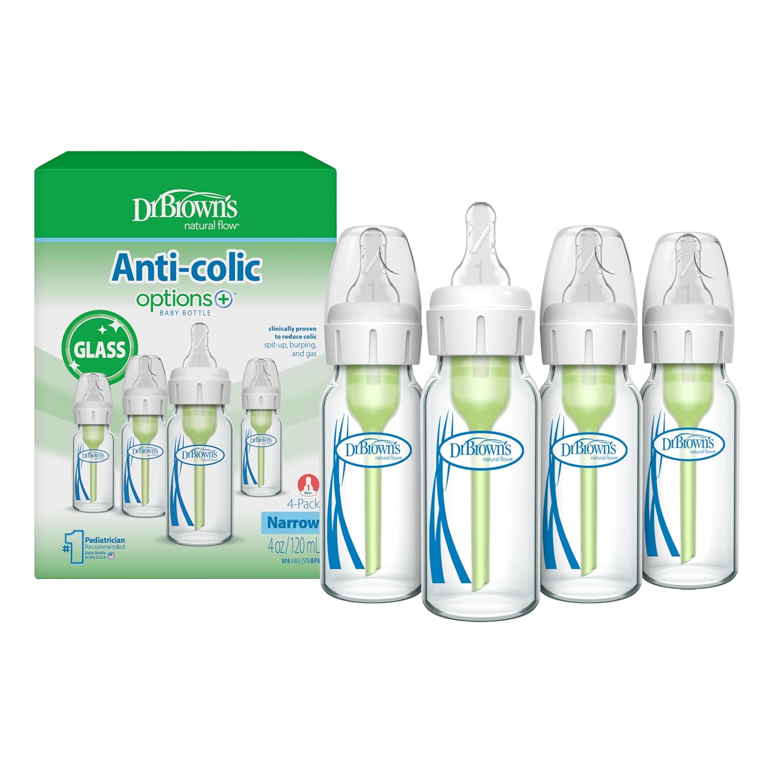 Dr. Brown’s Anti-Colic Options+ Narrow Glass Baby Bottle with Level 1 Slow Flow Nipple, BPA-Free, 4 oz/120mL, 4-Pack