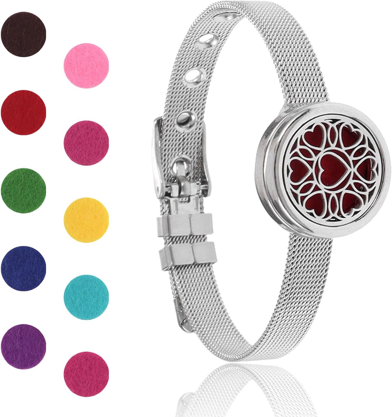Essential Oil Diffuser Bracelet Aromatherapy Locket Adjustable Stainless Steel Heart Watch Chain Bracelet with 10 Pcs Refill Pads for Women