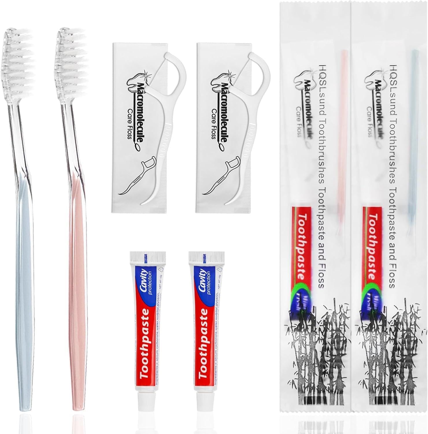 50 Pack Disposable Toothbrushes with Toothpaste Floss Individually Wrapped, 2 Color Toothbrush,10g Toothpaste,Floss Pick,Bulk Toothbrush Kit for Homeless,Airbnb,Hotel,Guest