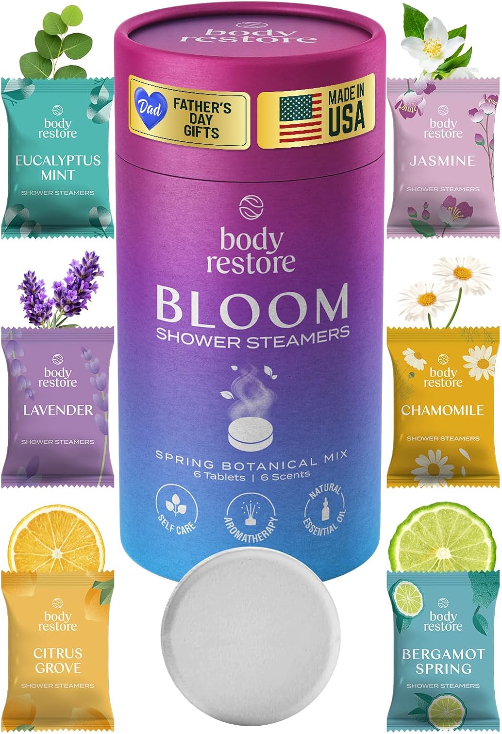 Body Restore Shower Steamers Aromatherapy 6 Pack – Fathers Day Gift for Dad, Birthday Gifts for Women and Men, Relaxation Stress Relief Self Care – Bloom