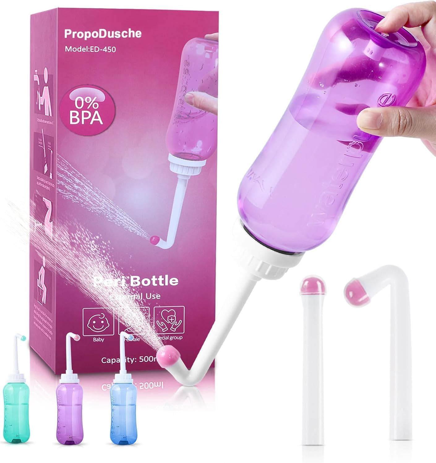 Peri Bottle for Postpartum Travel Bidet – Perineal Care,Portable Travel Squeeze Bottle Bidet for Women Personal Hygiene Cleaning,2 Tubes for Baby Mom After Birth Cleansing and Recovery 16.9OZ (Purple)