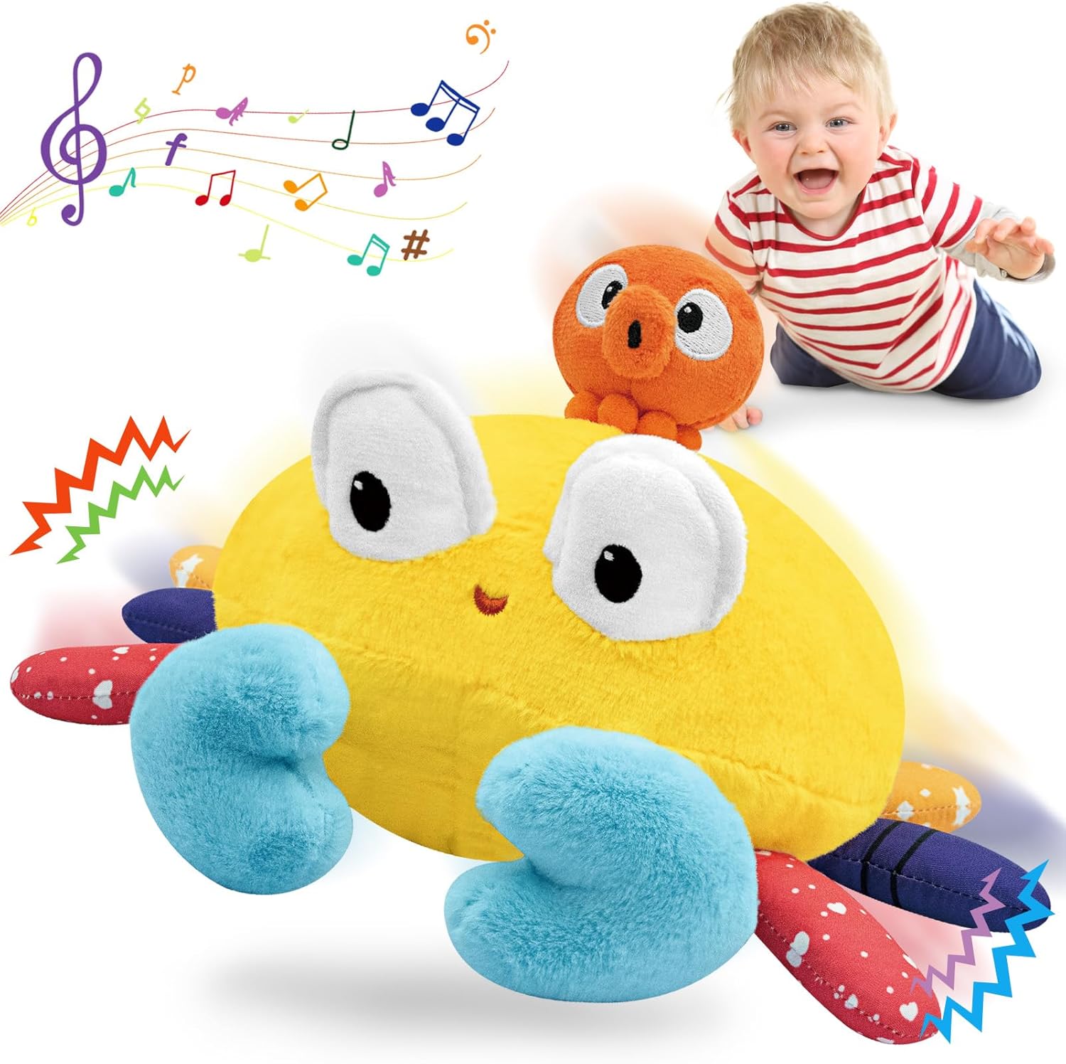 Infowush Baby Toys 6-12-18 Months – Musical Crawling Crab Plush Toy, Dancing Walking Bouncing Tummy Time Toy Interactive Sensory Learning Toys for Toddlers 1-3, Birthday Gifts for Infants Boys Girls