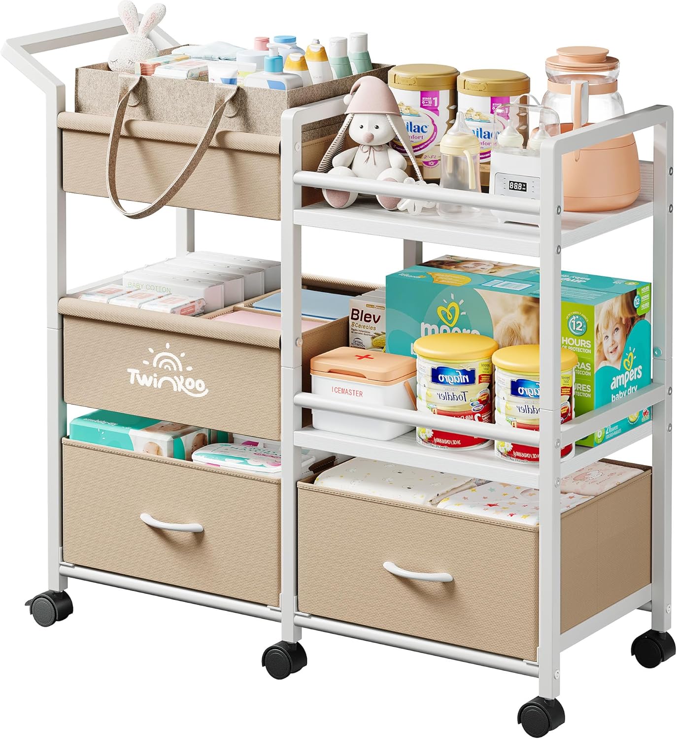 Twinkoo 2-in-1 Baby Diaper Caddy Organizer, 3 Tier Rolling Storage Cart with Dividers and Drawers, Baby Essentials for Nursery Storage, Mobile Utility Cart with Wheels Large Capacity Easy to Assemble