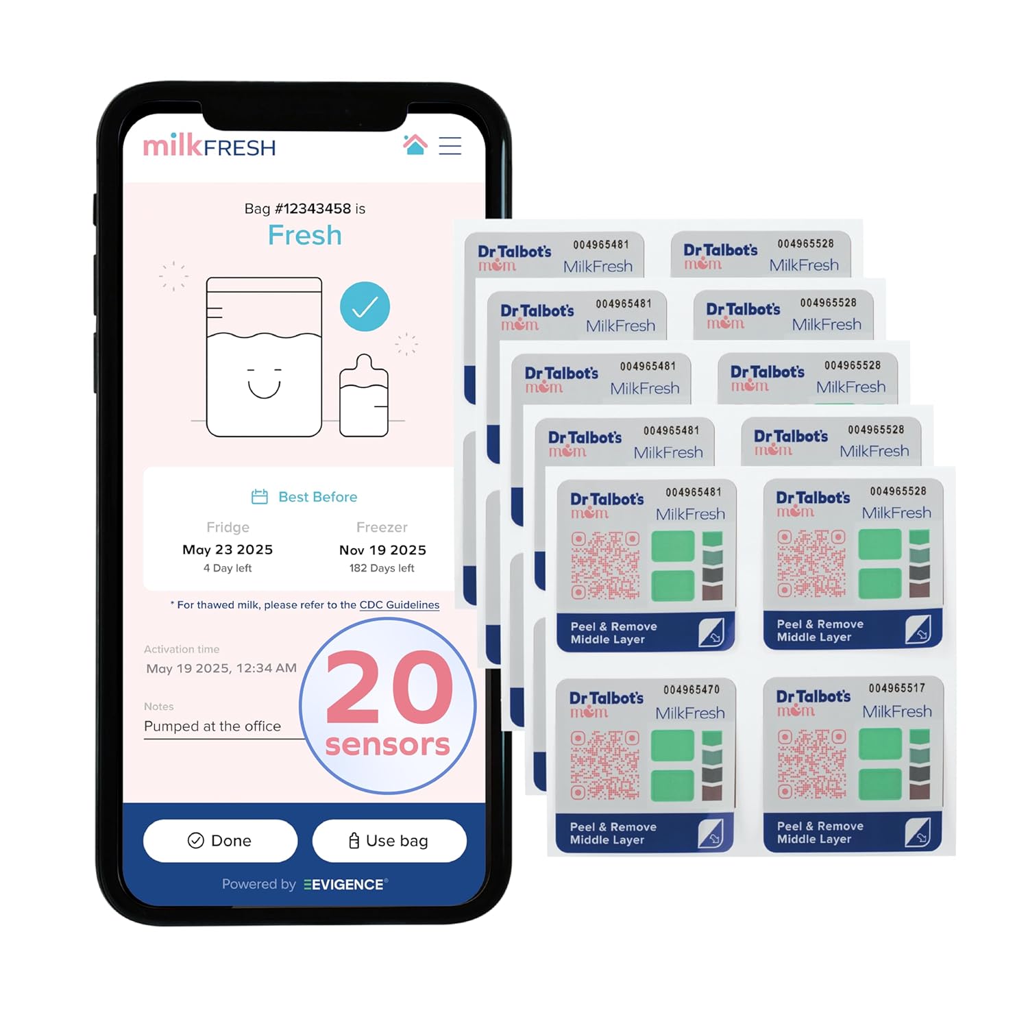 Dr. Talbot’s Mom MilkFresh Breastmilk Freshness Sensors – Pairs with App to Monitor Time and Temperature – 20 Count