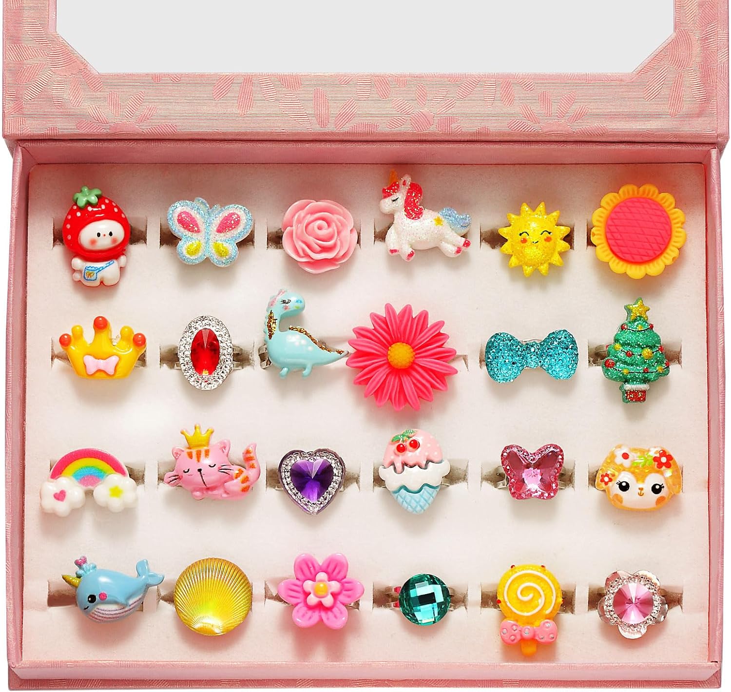 PinkSheep Little Girl Jewel Rings in Box, Adjustable, No Duplication, Girl Pretend Play and Dress Up Rings (24 Lovely Ring)