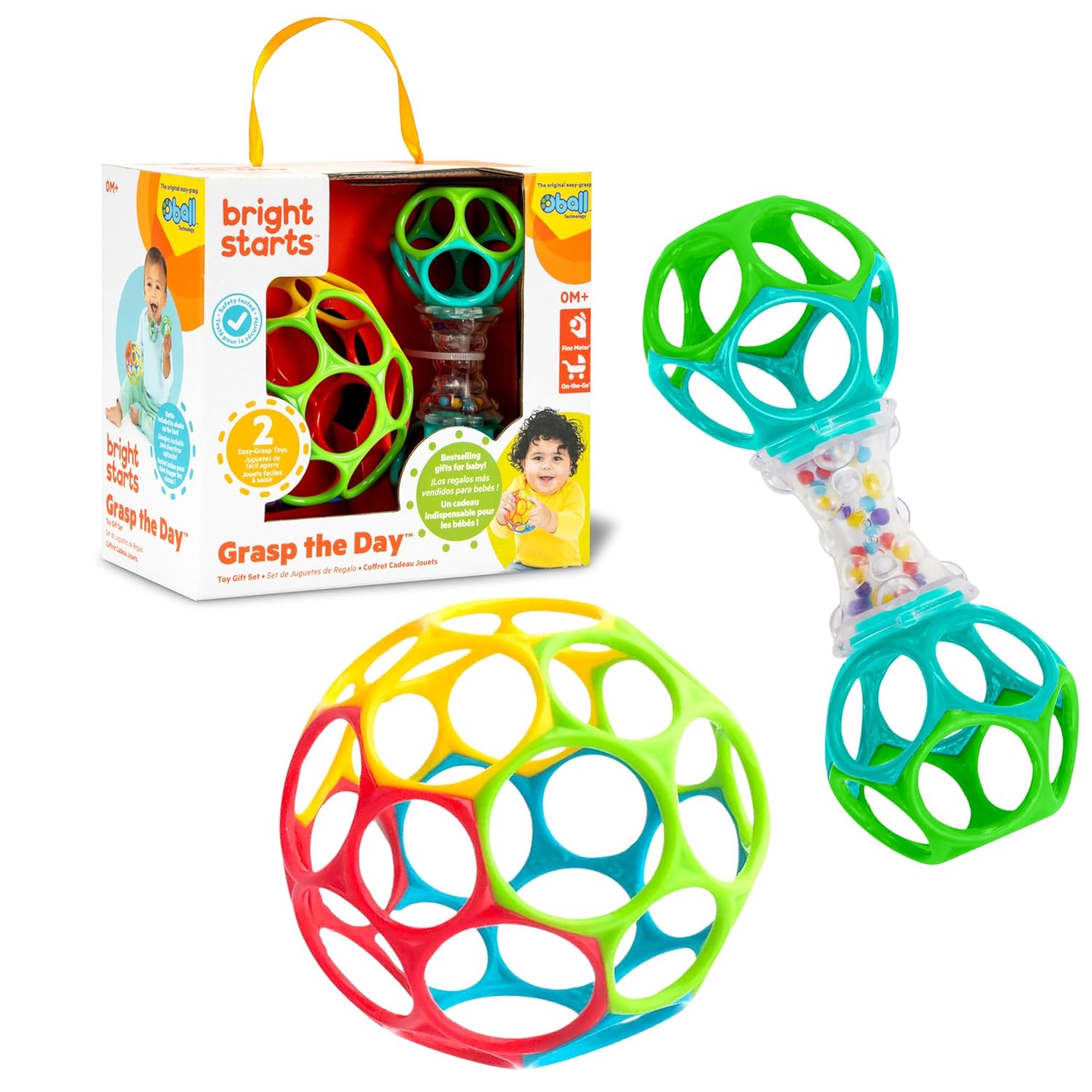 Bright Starts Easy-Grasp Oball Bundle Gift Set – Grasp The Day, Ball and Rattle Toys 2-Pack, BPA Free, Unisex, Newborn+