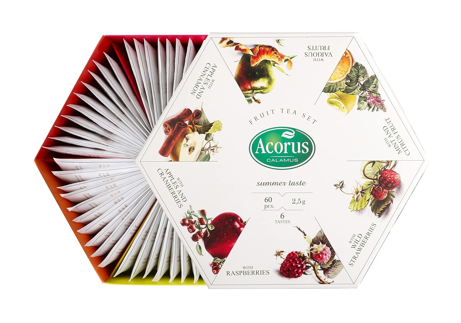 ACORUS Summer Taste Tea Set – Natural Assorted Tea Hamper Box Gift Set, Large Selection Box 60 Teas Bags, 6 Fruit and Berry Flavour Sampler, Perfect for Refreshing Iced Drinks