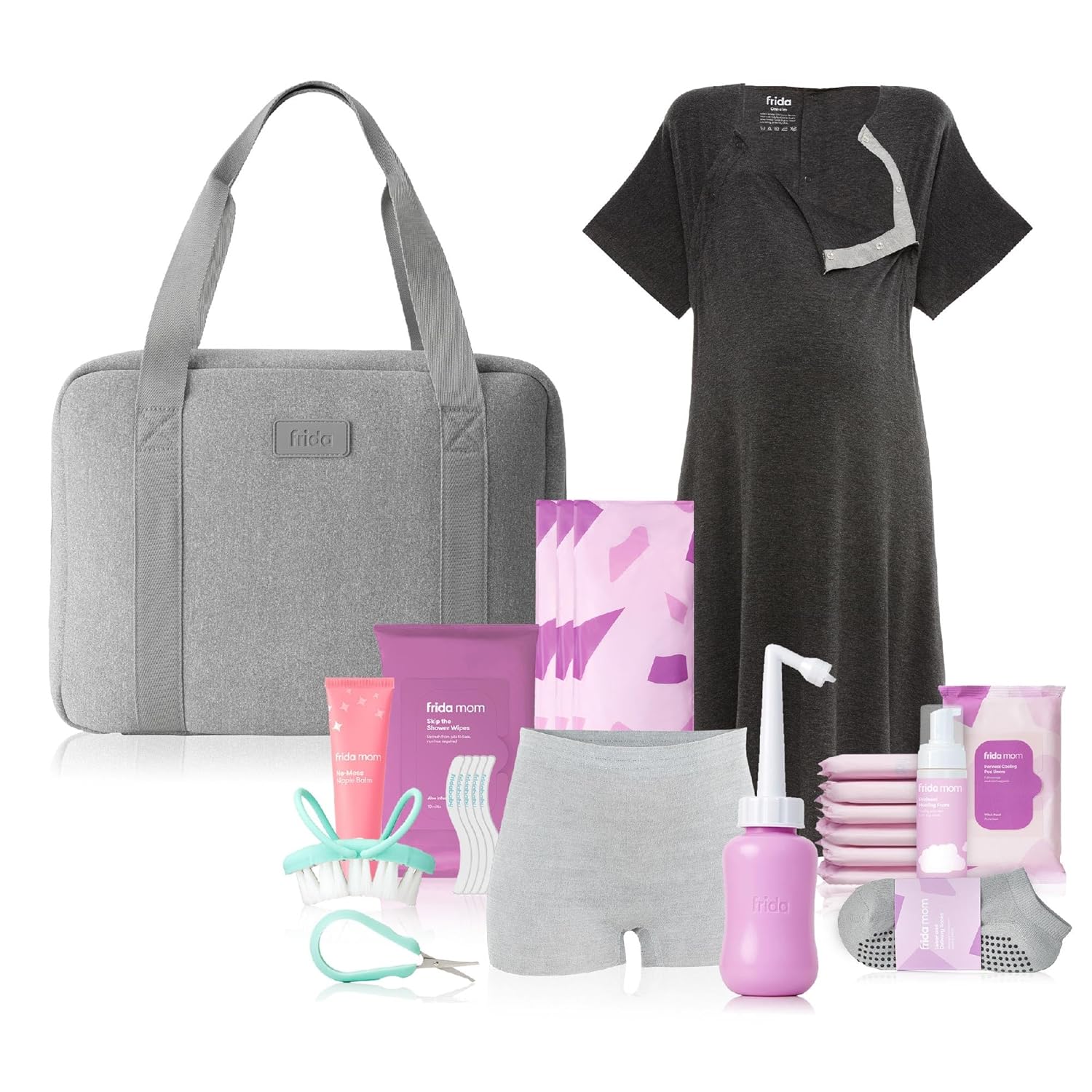 Frida Mom 30pc Pre-Packed Hospital & Diaper Bag Essentials Gift Set, Includes Labor, Postpartum, & Newborn Grooming Kit in One, Easy to Organize with Removable Toiletry Bags, & Suitcase Strap