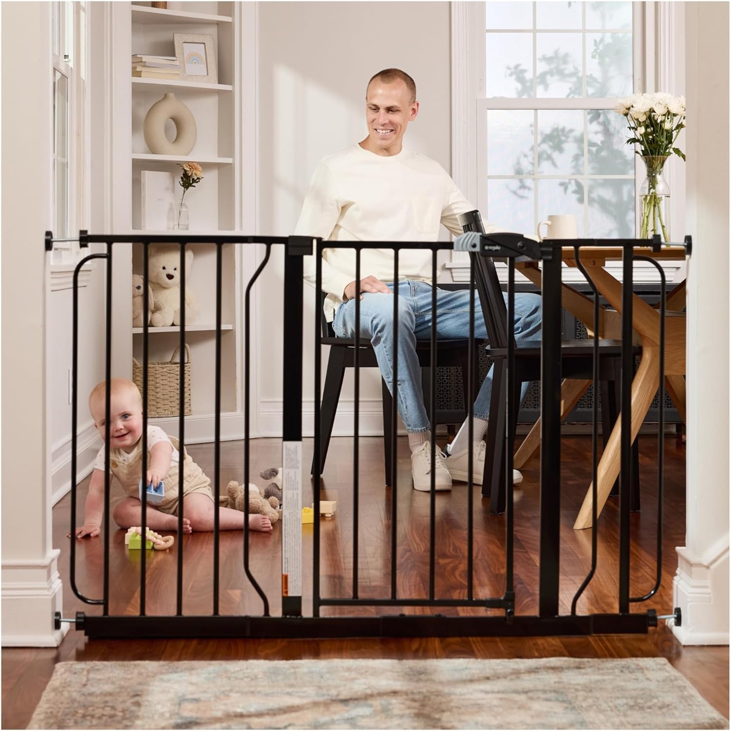 Regalo Safety 29-49″ Easy Step Extra Wide Baby Gate for Doorways & Bottom of Stairs, Pressure Mounted Safety Gate with Door for Babies, Toddlers & Pets, Black