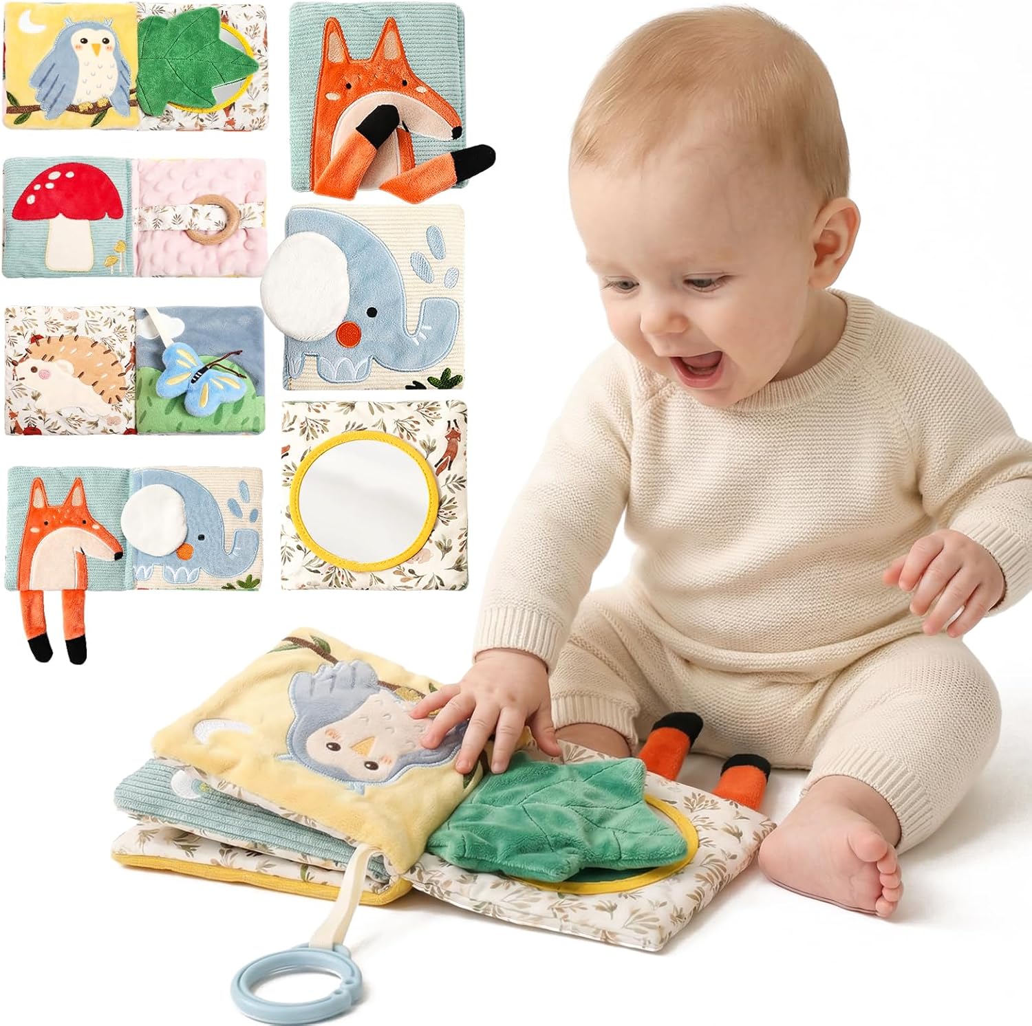 Macabaka Montessori Soft Baby Book – Sensory Book for Babies 0-12 Months with Crinkle Paper, Touch & Feel Textures, Baby Safe Mirror & Teether. Educational Infant Toys for Tummy Time, Newborn