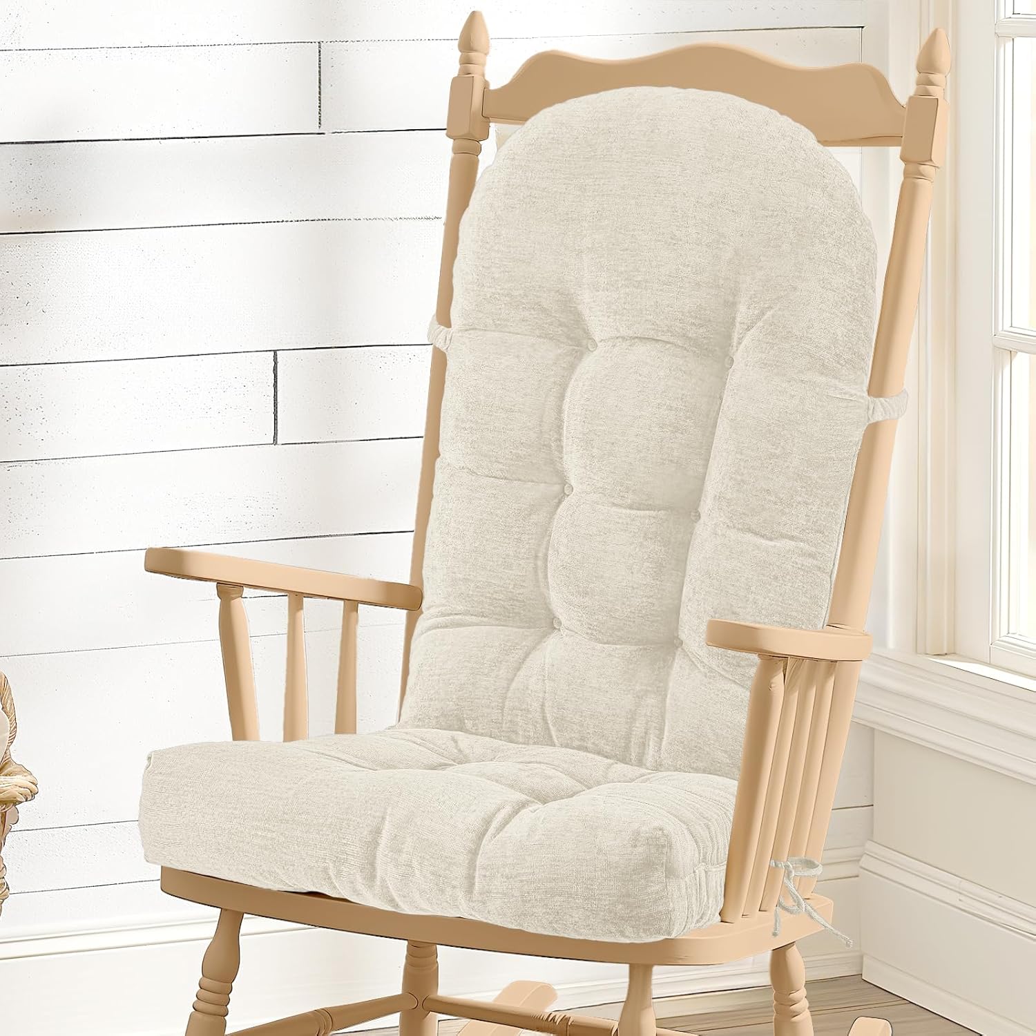 Rocking Chair Cushion – Soft Chenille Fabric Seat Pad with Tufted Design, Non-Slip Bottom and Secure Ties, for Nursery Glider, Adirondack and Indoor Rocker Chair, 44x19x4 Inch, Oyster White