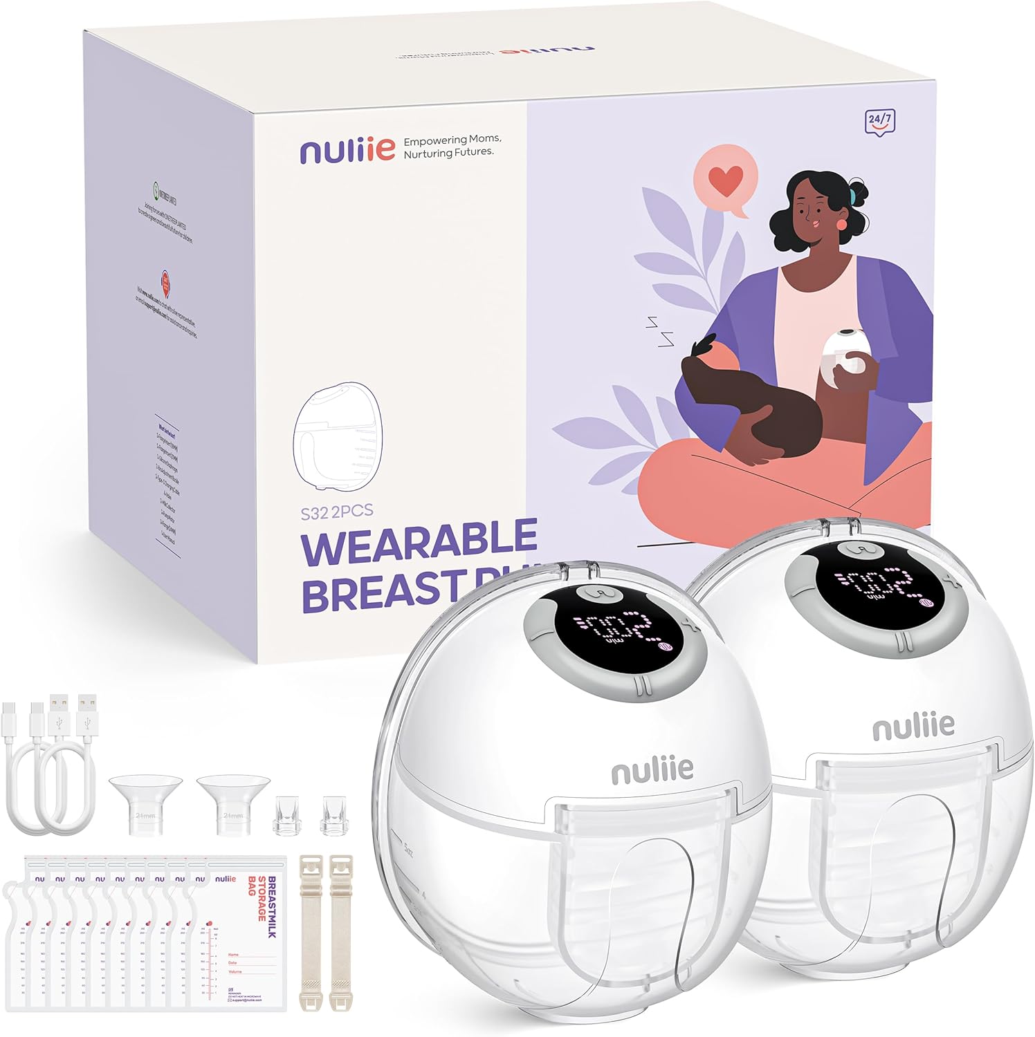 Nuliie Wearable Breast Pump (Model S32), Wearable Portable Breast Pumps 4 Modes 9 Levels, 24MM Comfortable Flange, More Private, Replaced Accessories Included (2 Packs, Deep White)