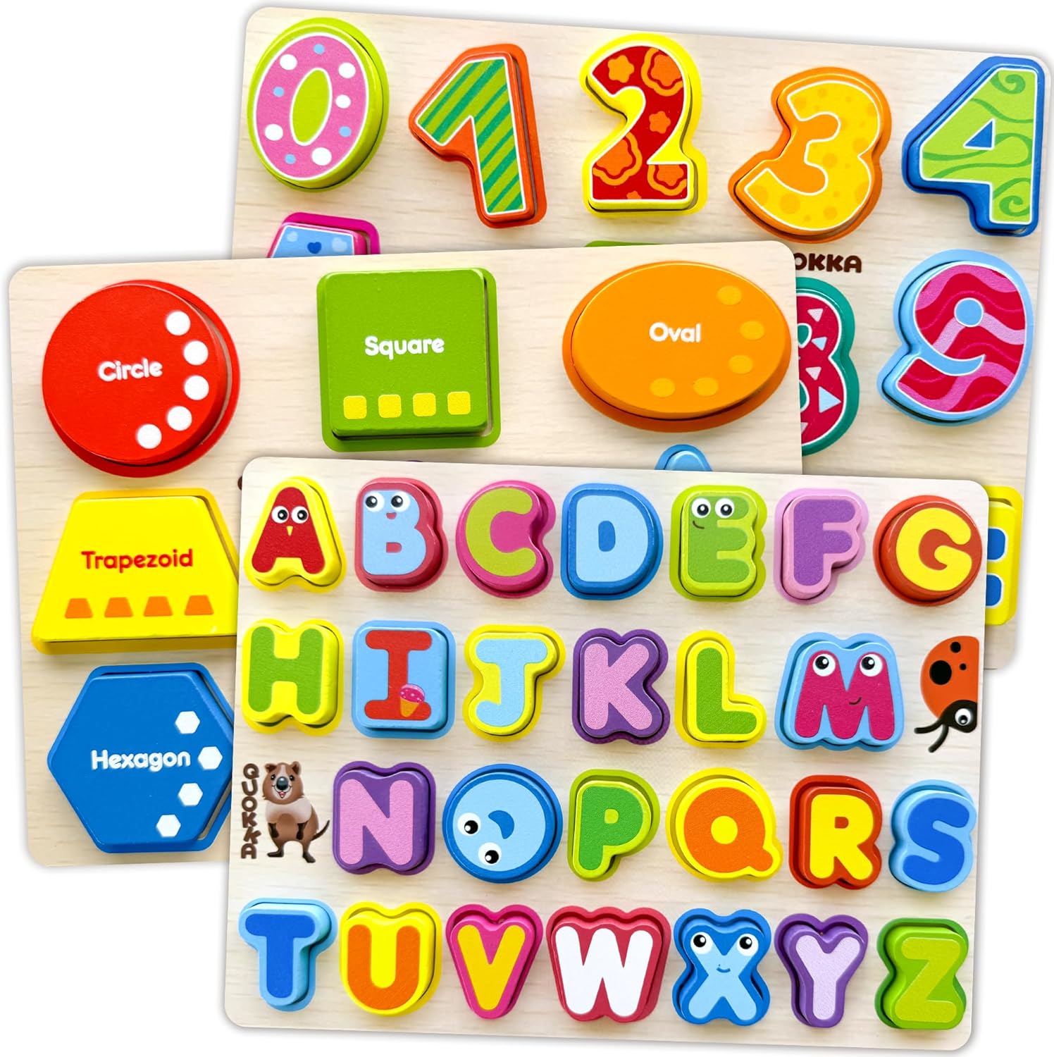 QUOKKA Wooden Puzzles for Toddlers 2-4 – Chunky Toddler Puzzles Ages 3-5 – Learning Travel Game with Numbers Alphabet Shapes – Wood Educational Gift for Boys and Girls