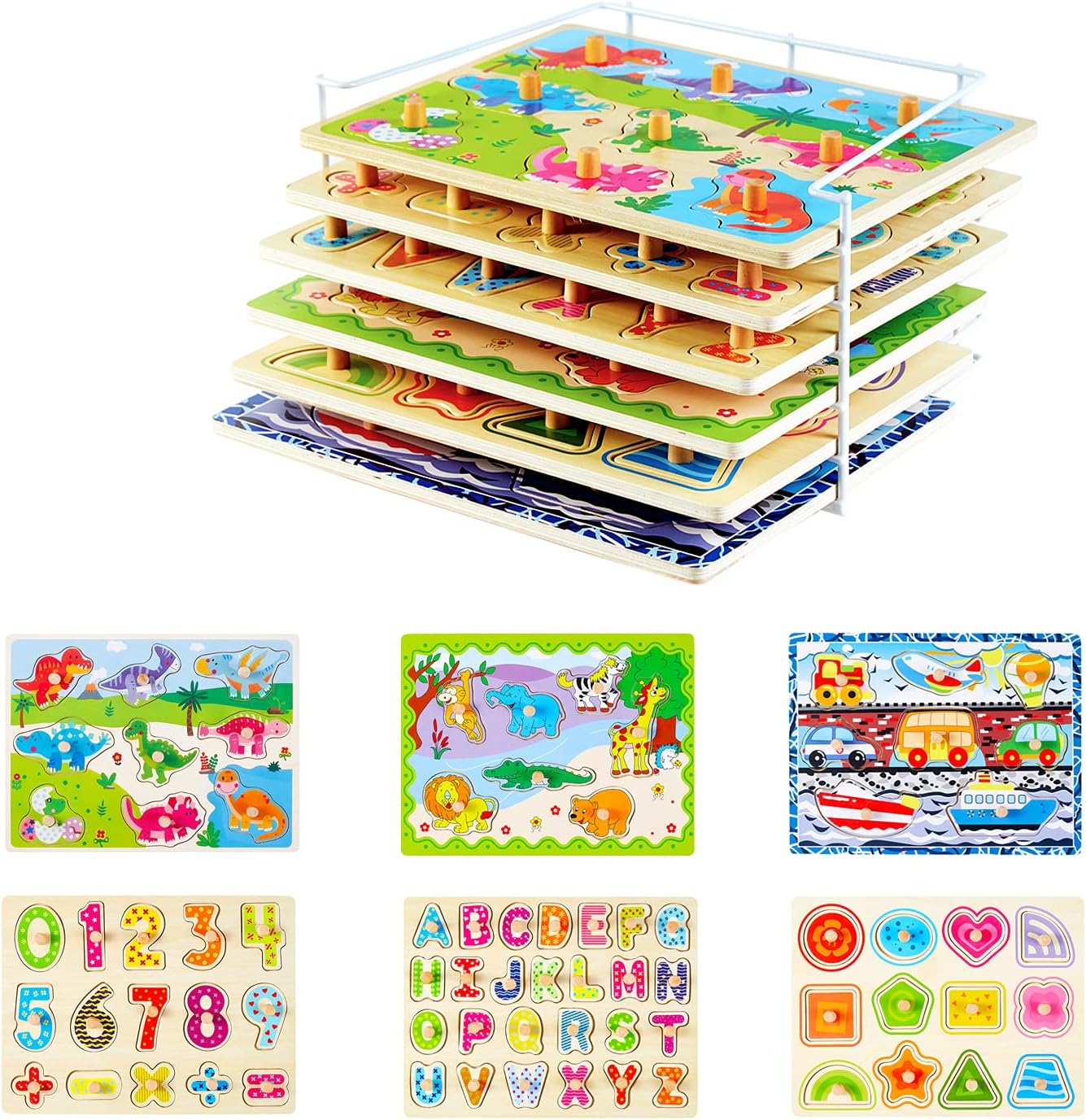 Wooden Puzzles for Toddlers 1-3 6 Pack Alphabet Puzzles with Knobs Number Puzzle for Kids with Wire Puzzle Holder Rack Chunky ABC Puzzle Board Shape Puzzles for Preschool Boys and Girls-Birthday Gift