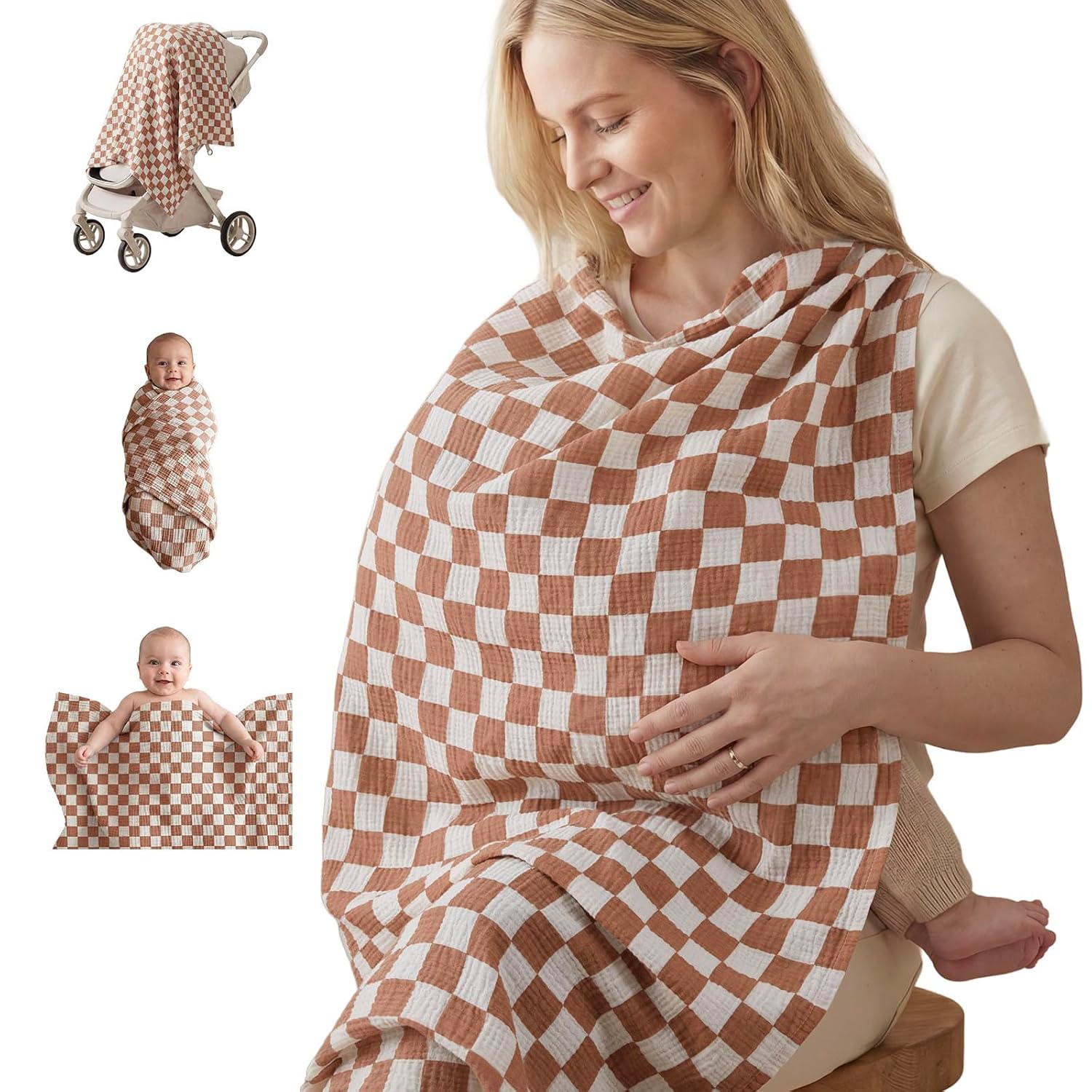 Blissful Diary Muslin Multi-Use Cloth – 4-in-1 Privacy Nursing Cover, Swaddle Blanket, Car Seat Cover, Burp Cloth, Portable Breastfeeding Essentials for Women, Baby Must Have (Brown Checkboard)