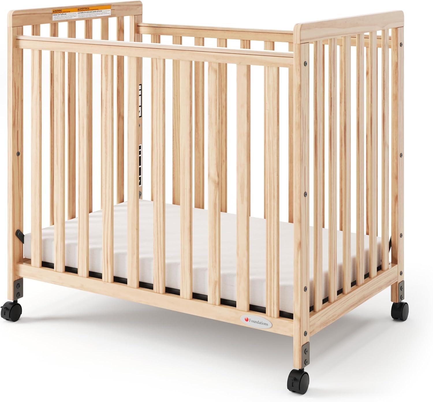 Foundations SafetyCraft Compact Slatted Daycare Crib, Durable Wood Construction, Non-Marking Casters (2 Locking), Includes 3” InfaPure Foam Mattress, Natural