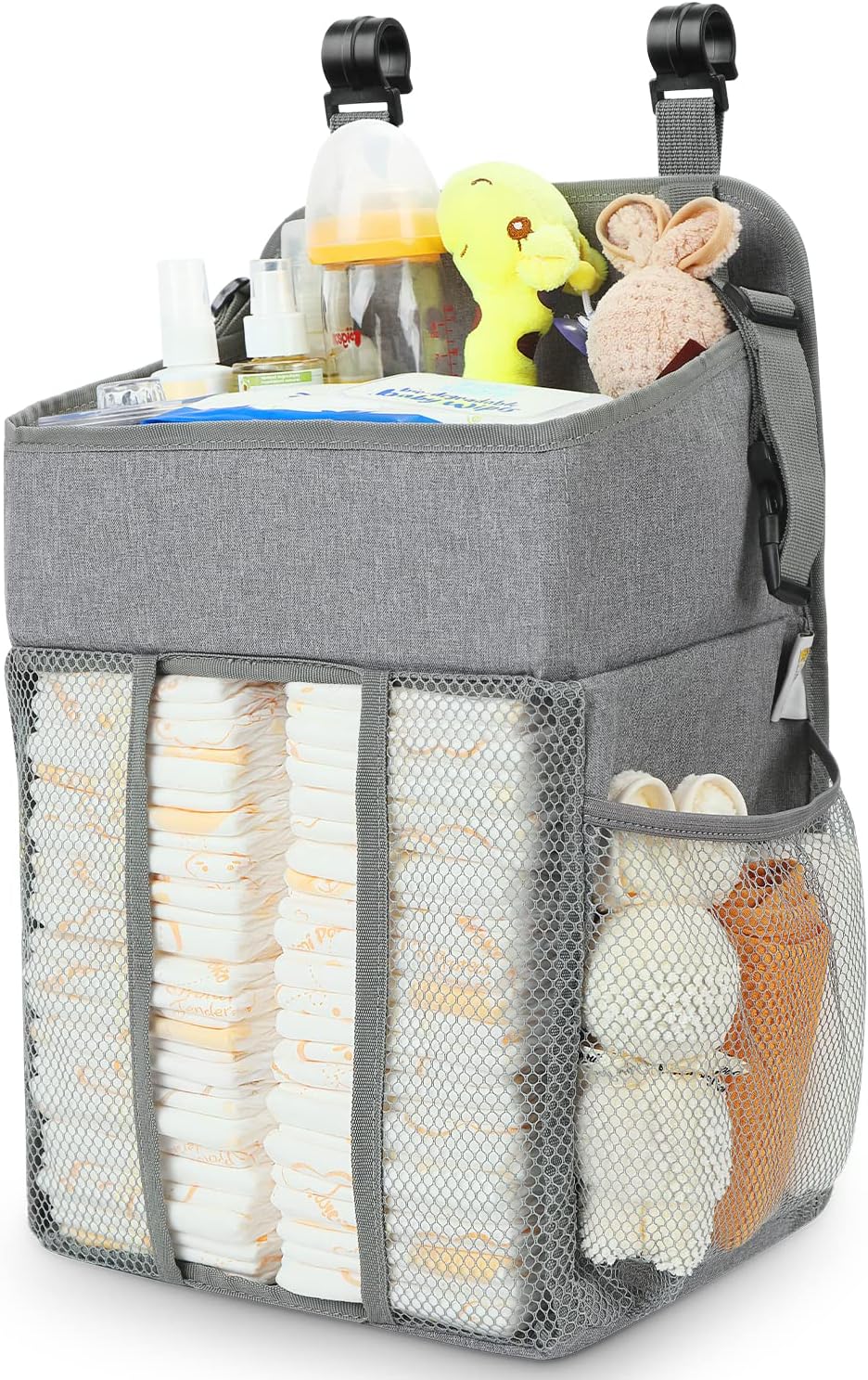Maliton Changing Table Diaper Organizer – Baby Hanging Diaper Stacker Nursery Caddy Organizer for Cribs Playard Baby Essentials Storage (Gray)