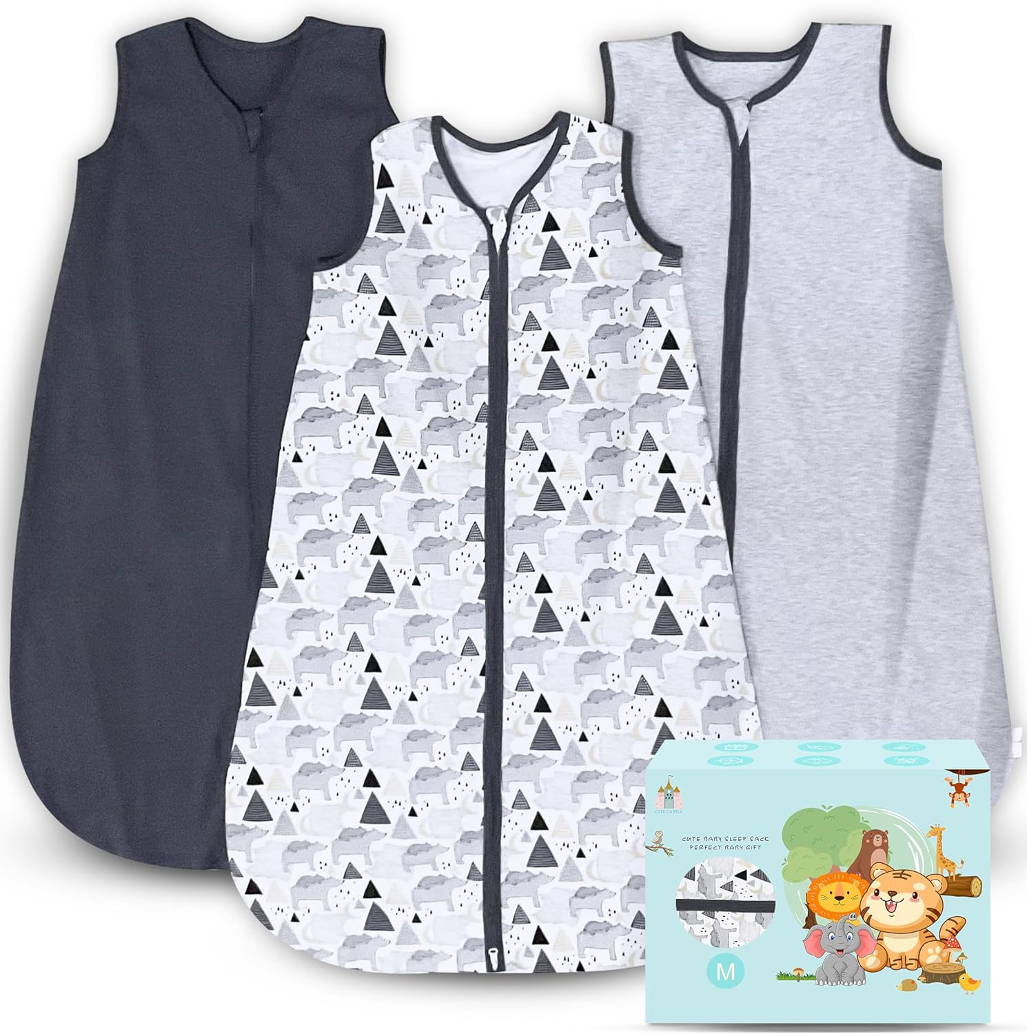 Cute Castle Baby Sleep Sack 6-12 Months – Lightweight 100% Cotton 2-Way Zipper TOG 0.5 Infant Wearable Blanket, Newborn Essentials Toddler Sleep Clothes, 3 Pack(Dark gray, Light gray, Bear)