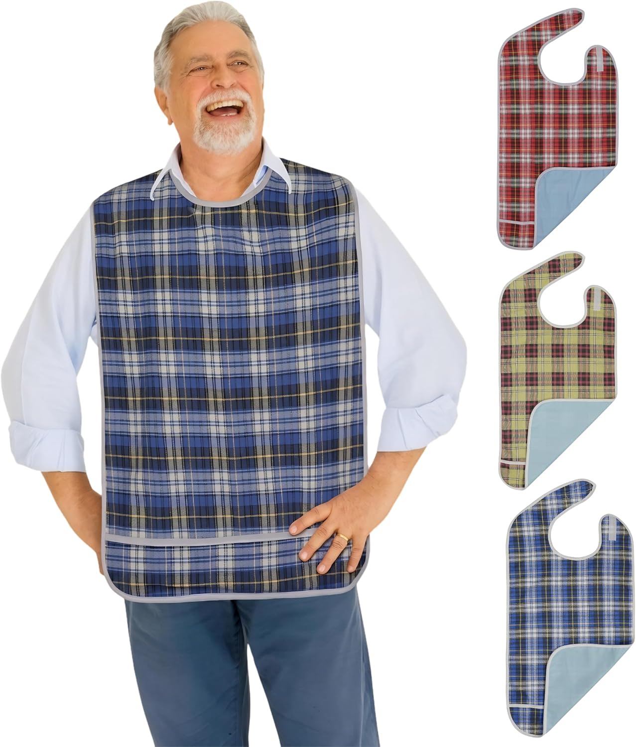 Modaliv 3-Pack Adult Bibs – Waterproof, Reusable Eating Aprons with Crumb Catcher, Machine Washable Clothing Protectors for Seniors, Elderly & Special Needs
