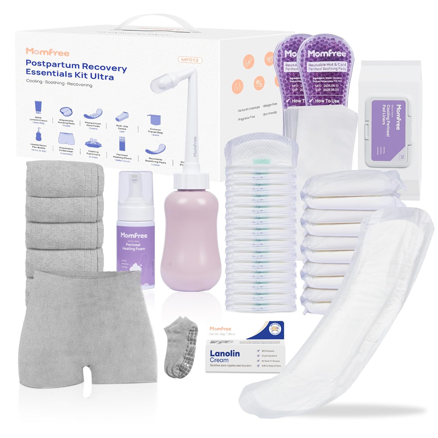 Upgraded Postpartum Essentials Recovery Kit for Women: Labor Delivery Post Partum – Perineal Healing Foam & Upside Down Peri Bottle | 6 Disposable Underwear | Soothing Pads | Nursing & Maxi Pads