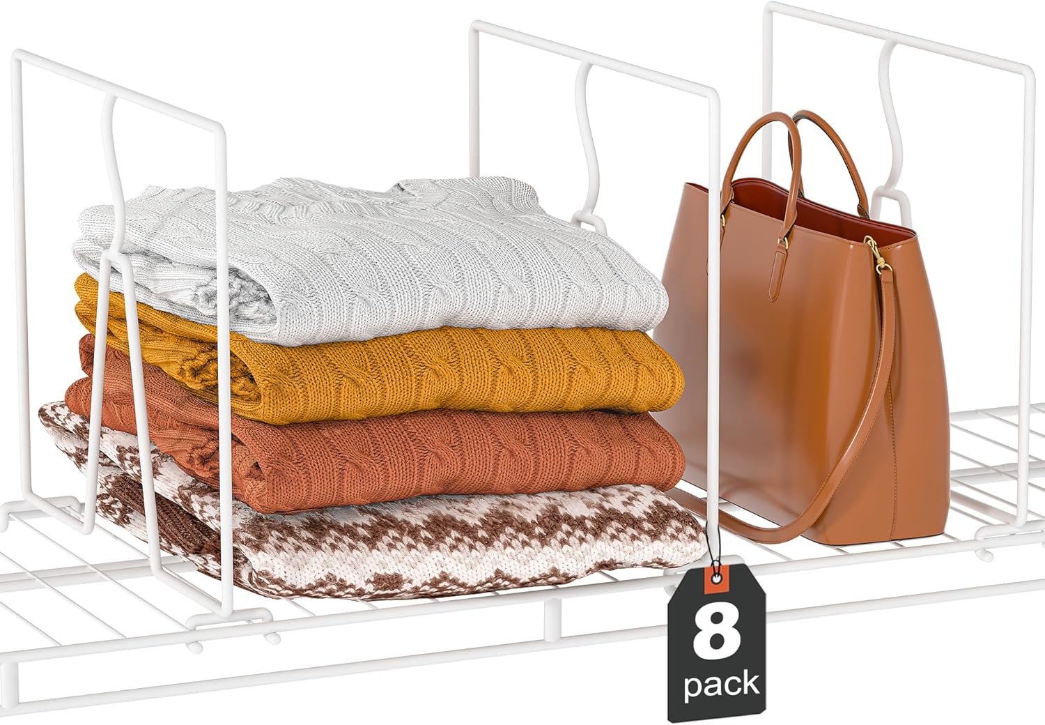 Wire Shelf Dividers for Closet: 12″ D x 10.6″ H Sturdy Metal Rack Separators for Pantry Organization, Clothes, Purses, Towels – White Coated Steel Accessories Fit Wire Shelving (8 Pack)