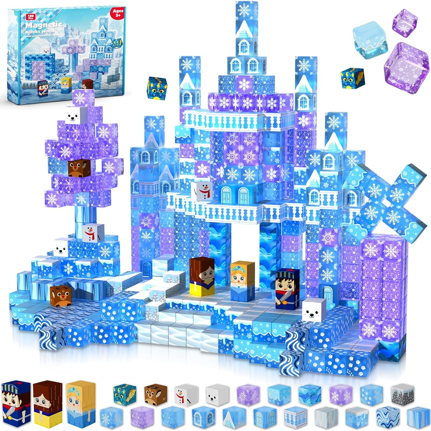 Magnetic Blocks – 100Pcs 0.8in Magnetic Building Block for Kids Ages 4-8, Transparent Magnet Block Blue Princess Castle, Frozen Magnet Cubes Tiles Princess Toy for Girl 3 4 5 6 7 8-12 Birthday Gift
