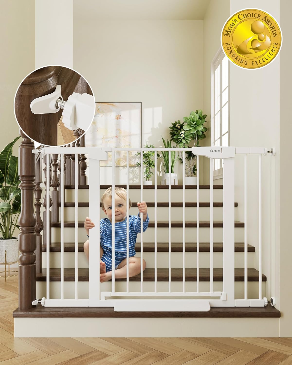Cumbor 29.7-46″ Baby Gate for Stairs, Toddler Safety Essentials for The House, Auto Close Dog Gate for Doorways, Mom’s Choice Awards Winner-Easy Install Pressure Mounted Pet Gates for Dogs, White