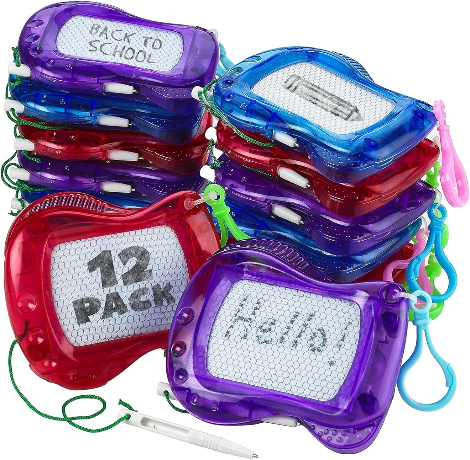Bedwina Mini Magnetic Drawing Board for Kids – (Pack of 12) Backpack Keychain Clip Drawing Boards, Erasable Doodle Sketch Writing Pad Boys & Girls, Birthday Kids Party Favors