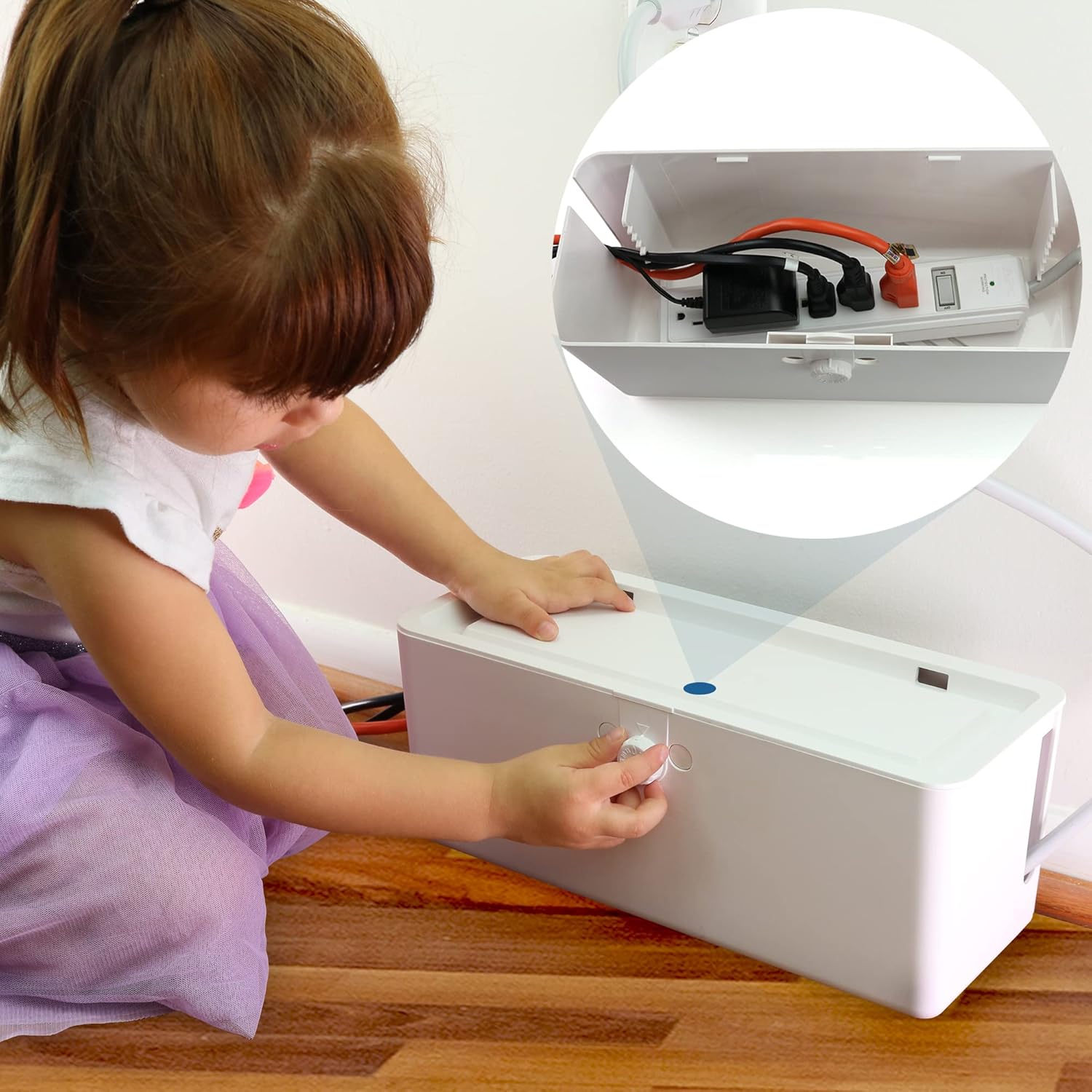 Power Strip Cover Box – Effectively Baby Proofs Power Strip with Patented Dual Lock. Convenient Side Openings for Cords & Cables. Protects Small Hands & Fingers