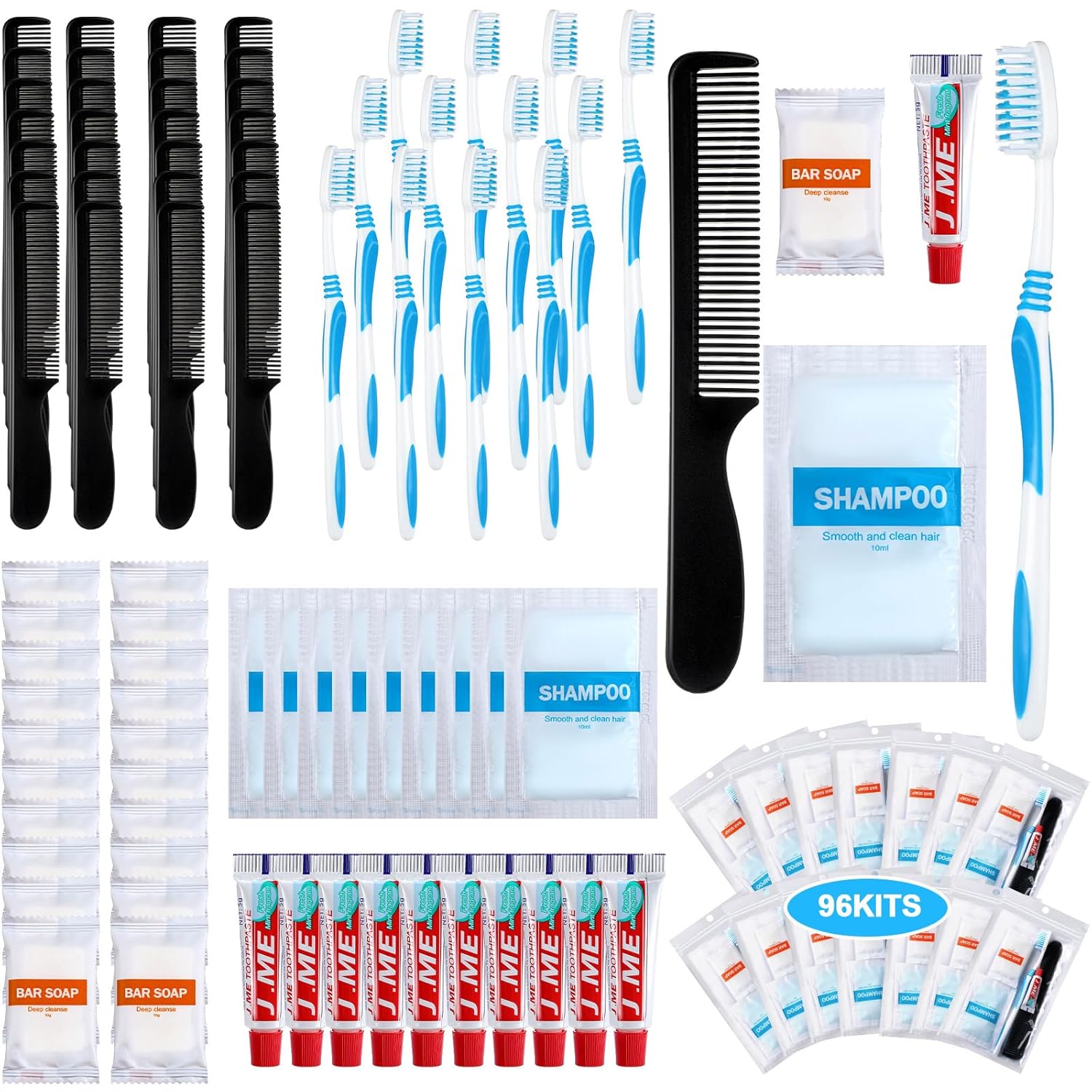 96 Sets Personal Hygiene Kit Basic Toiletry Kits Homeless Supplies Bulk for Women, Men, Travel, Charity, Business Include 96 Shampoo, 96 Toothbrush, 96 Toothpaste, 96 Comb, and 96 Bath Soap