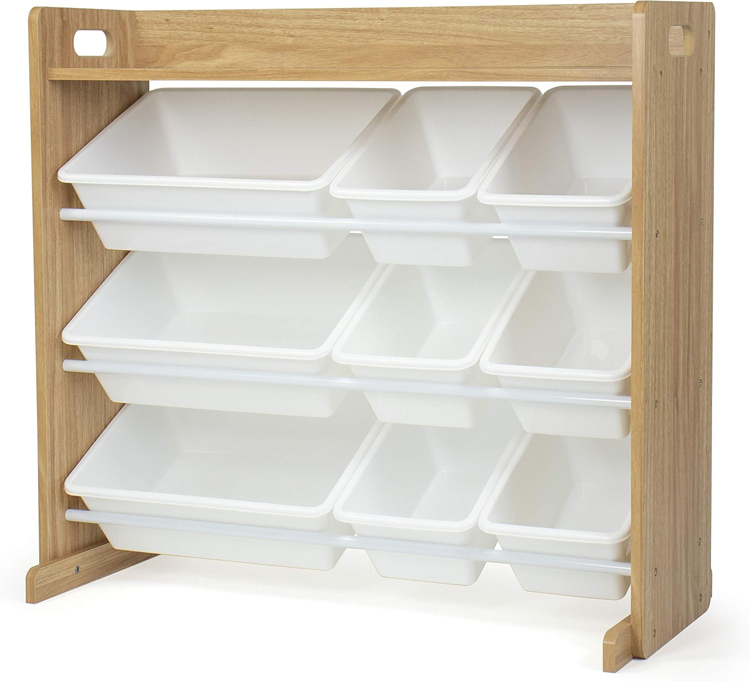 Humble Crew Toy Storage Organizer with 9 Removable Storage Bins for Kids Playroom, 3-Tier with Top Shelf Toddler Toy Organization, Natural Wood/White
