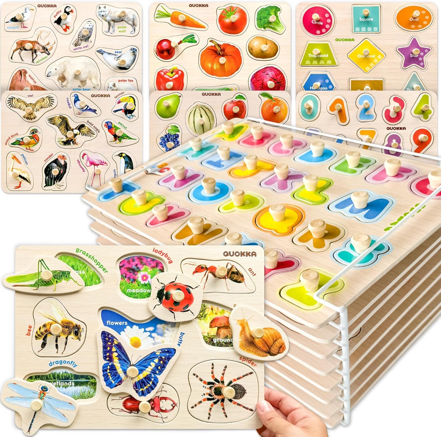 QUOKKA 8 Wooden Puzzles for Toddlers 1-3 – Toddler Montessori Puzzles Ages 2-4 in a Rack – Learning Alphabet, Numbers and Animals Toy for Kids 3-5 – Wood Games Gift for Boys and Girls