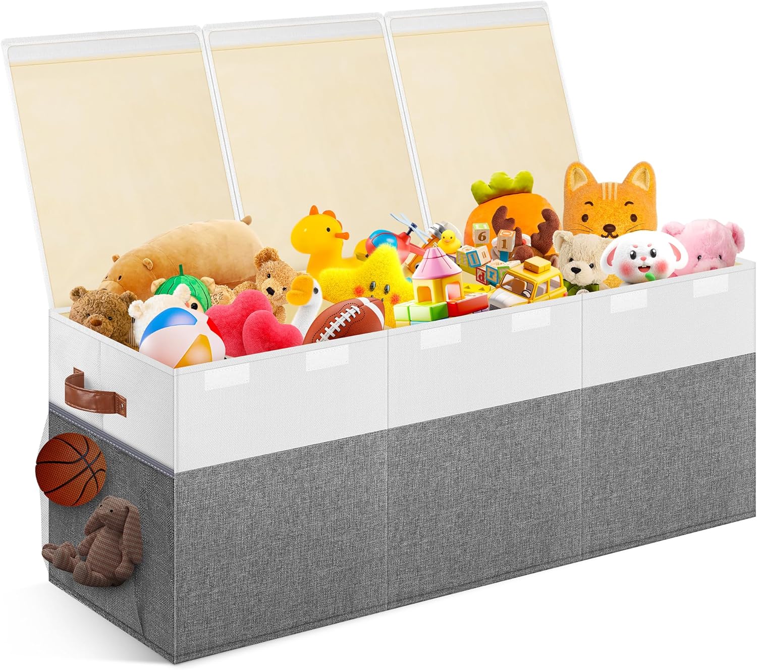 Extra Large Toy Storage Box with Lid, Collapsible Sturdy Toys Chest Storage Organizer Bin Basket with Divider for Kids, Boys, Girls, Closet, Playroom, Bedroom, Nursery, 40″X14″X16″, Gray & White