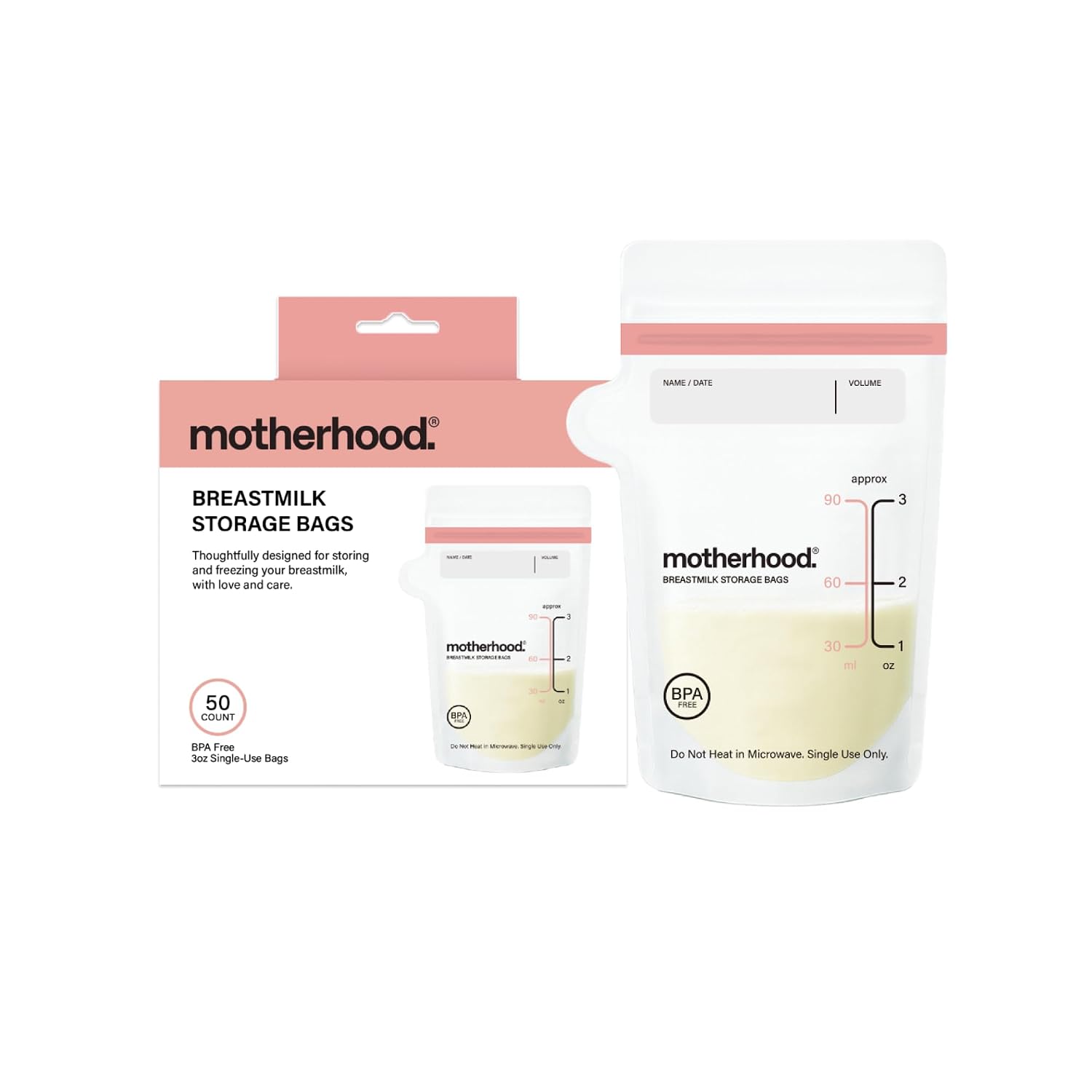 Motherhood Collection Breastmilk Storage Bags – Leak Proof Breast Milk Freezer Bags, Pre-Sterilized & BPA Free, Dual Sizes 3 oz & 6 oz, Self-Standing & Flat Lay, 50 or 100 Count